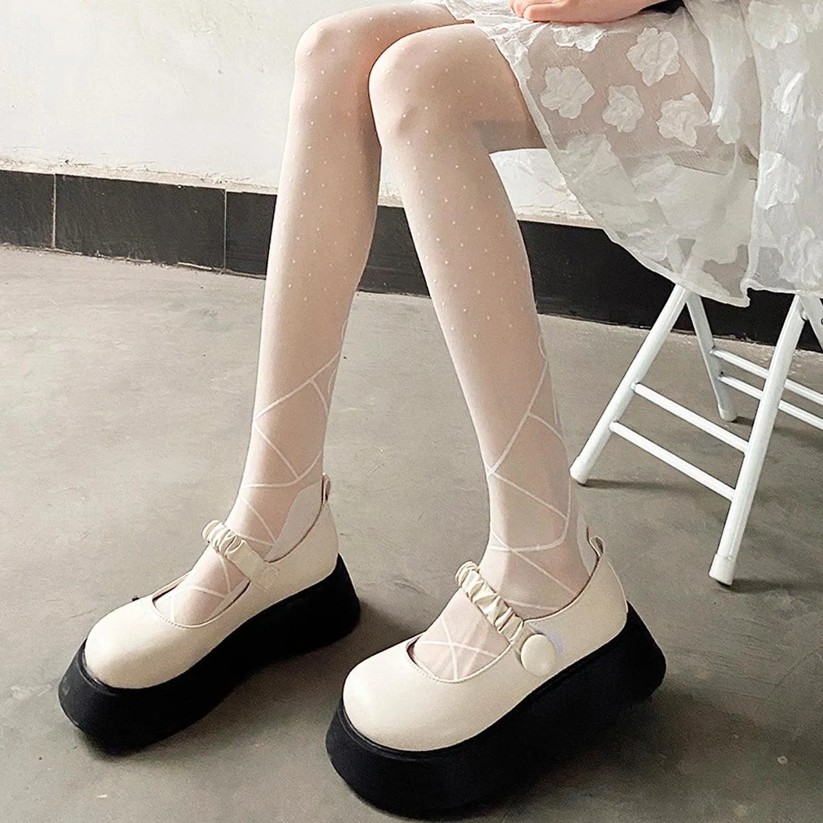 Ankle Laced White Polka Dot Tights