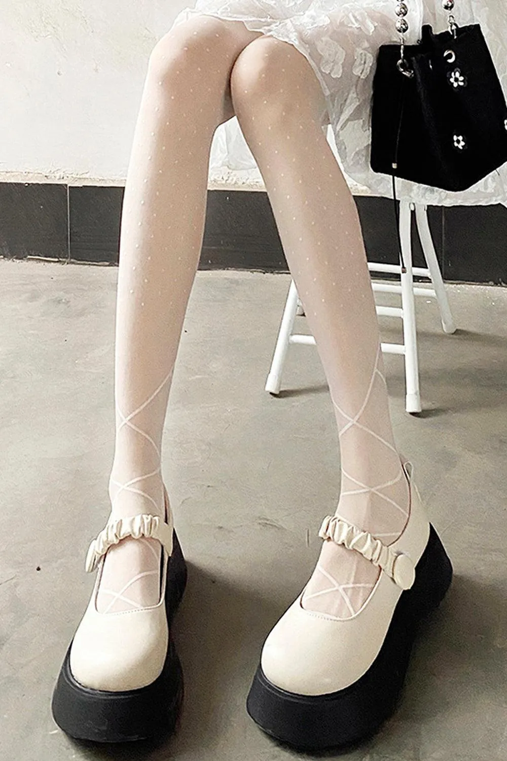 Ankle Laced White Polka Dot Tights