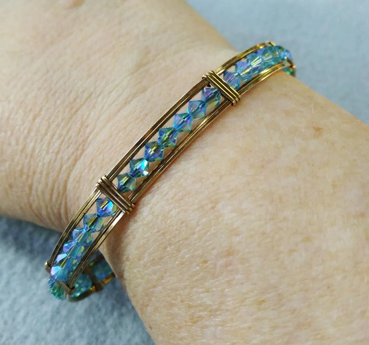 Aqua Blue Double Aurora Borealis Crystal Beaded Gold Filled Wire Wrapped Bracelet