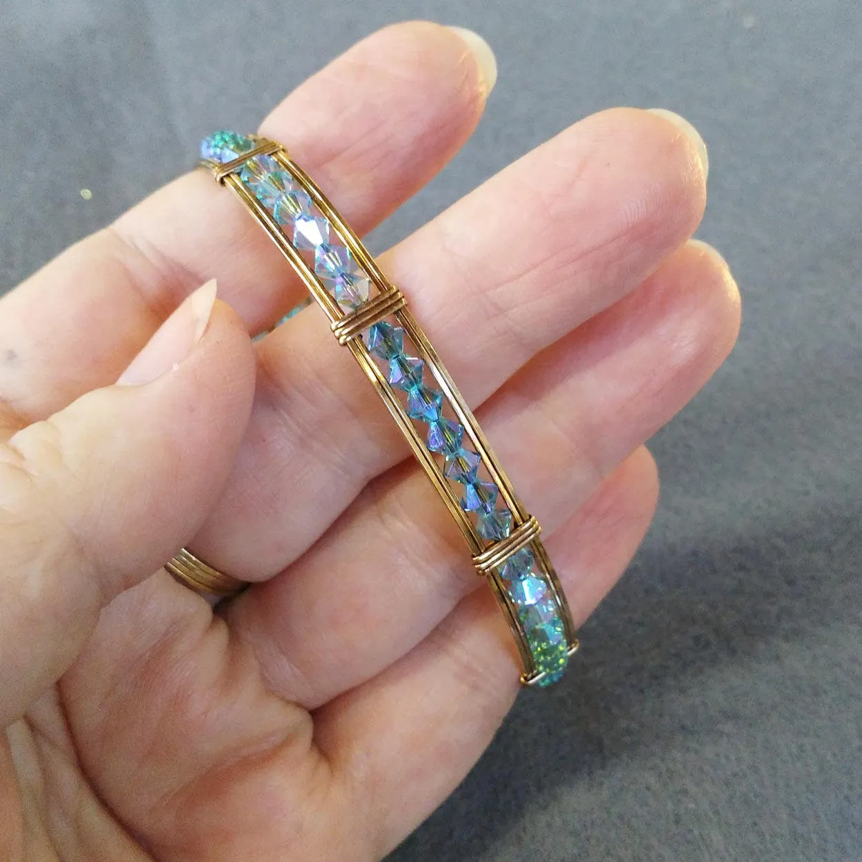 Aqua Blue Double Aurora Borealis Crystal Beaded Gold Filled Wire Wrapped Bracelet