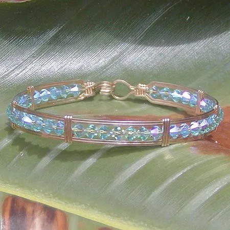 Aqua Blue Double Aurora Borealis Crystal Beaded Gold Filled Wire Wrapped Bracelet