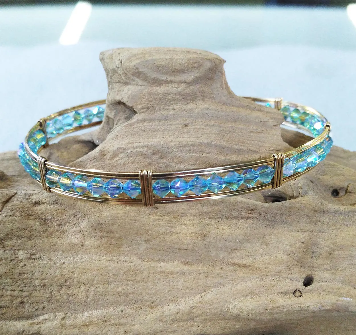 Aqua Blue Double Aurora Borealis Crystal Beaded Gold Filled Wire Wrapped Bracelet