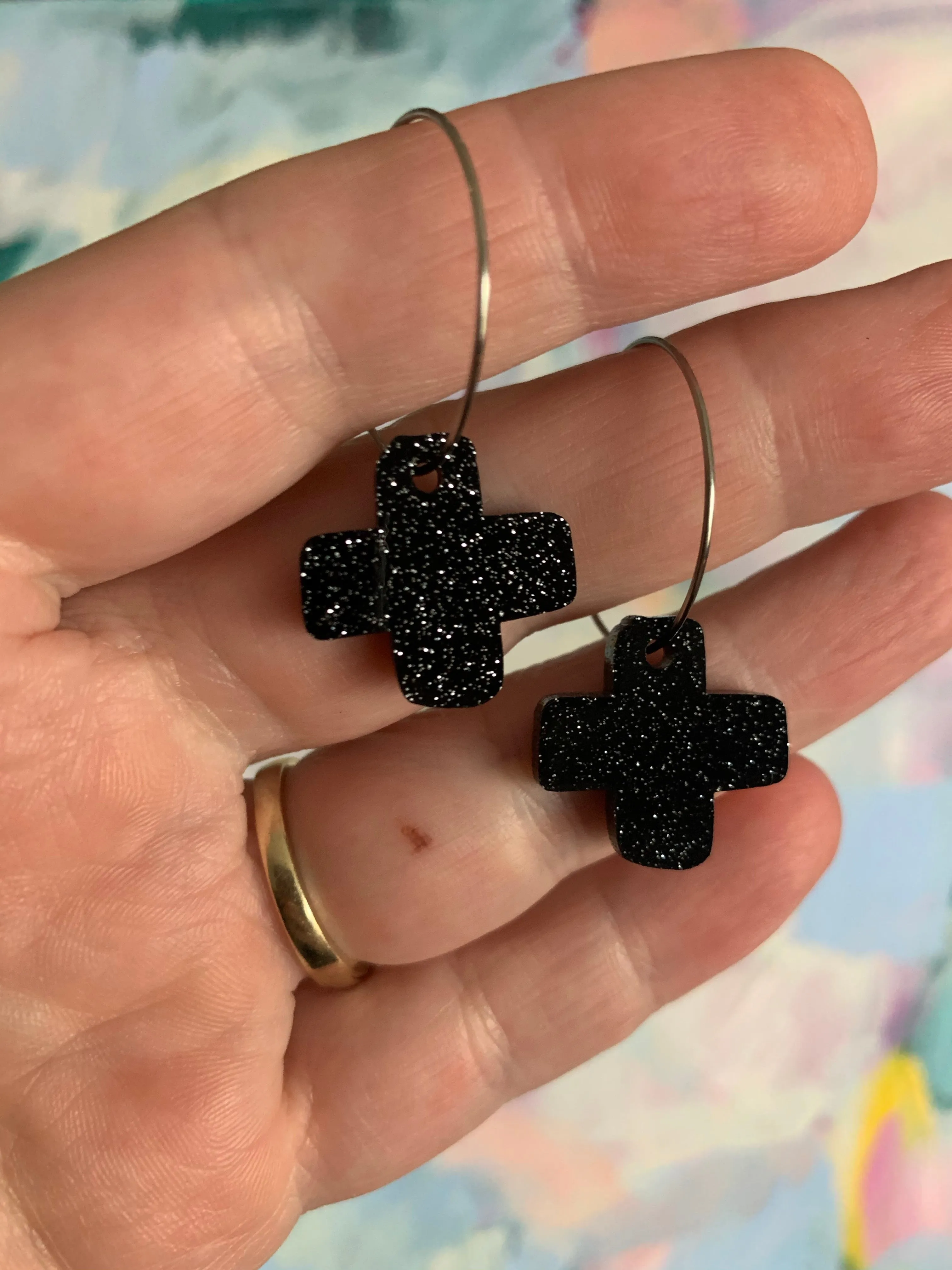 Black Glittery Cross Earrings