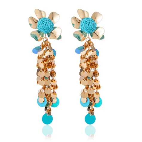 Blue Scarab Gold Sequin Flower Earrings Blue