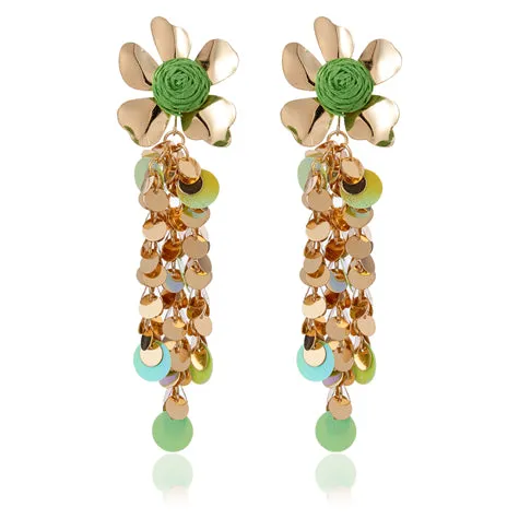 Blue Scarab Gold Sequin Flower Earrings Green