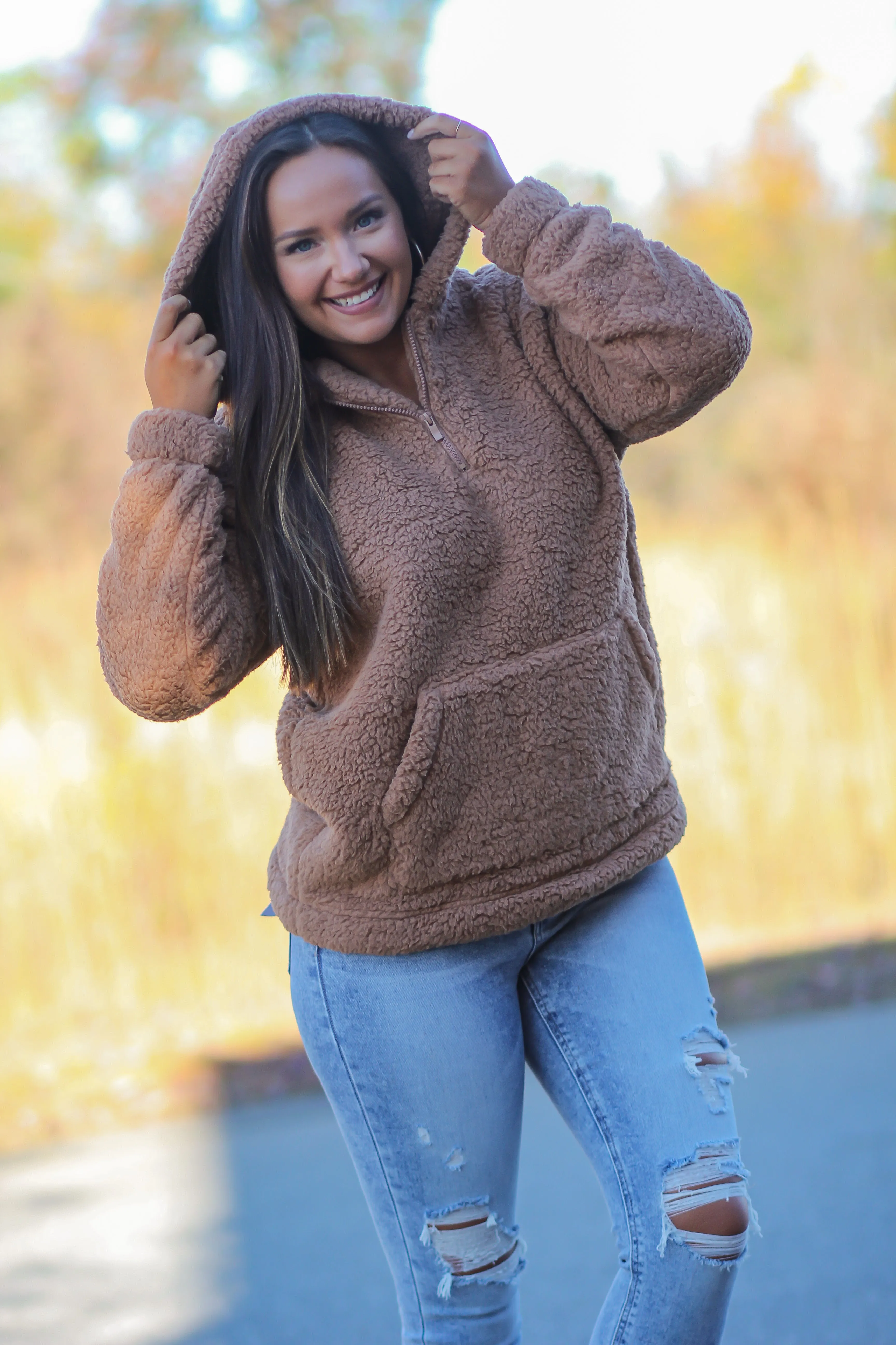 Camel Sherpa Half Zip Hoodie