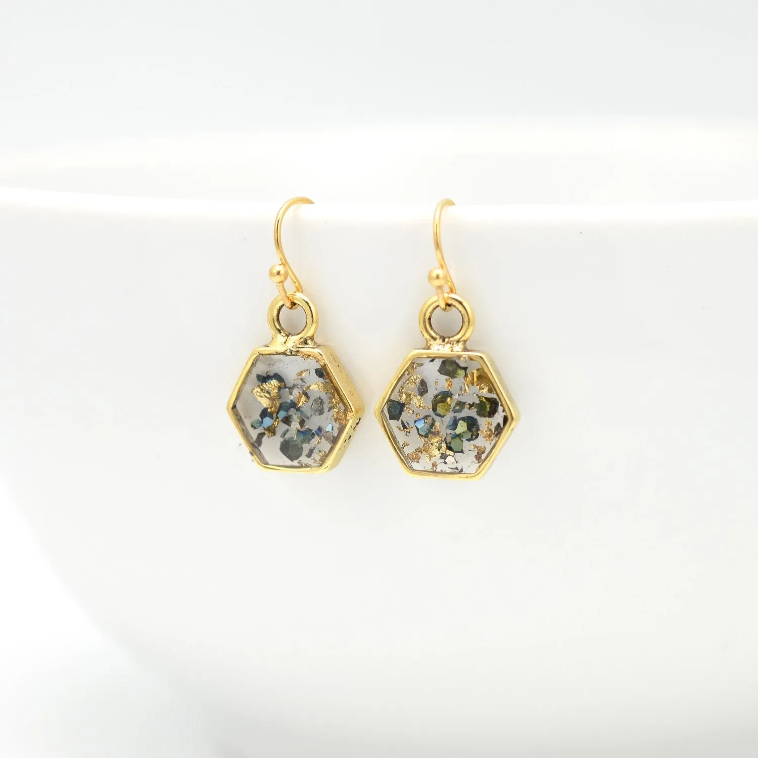 Crushed Abalone Shell and Gold Hexagon Earrings
