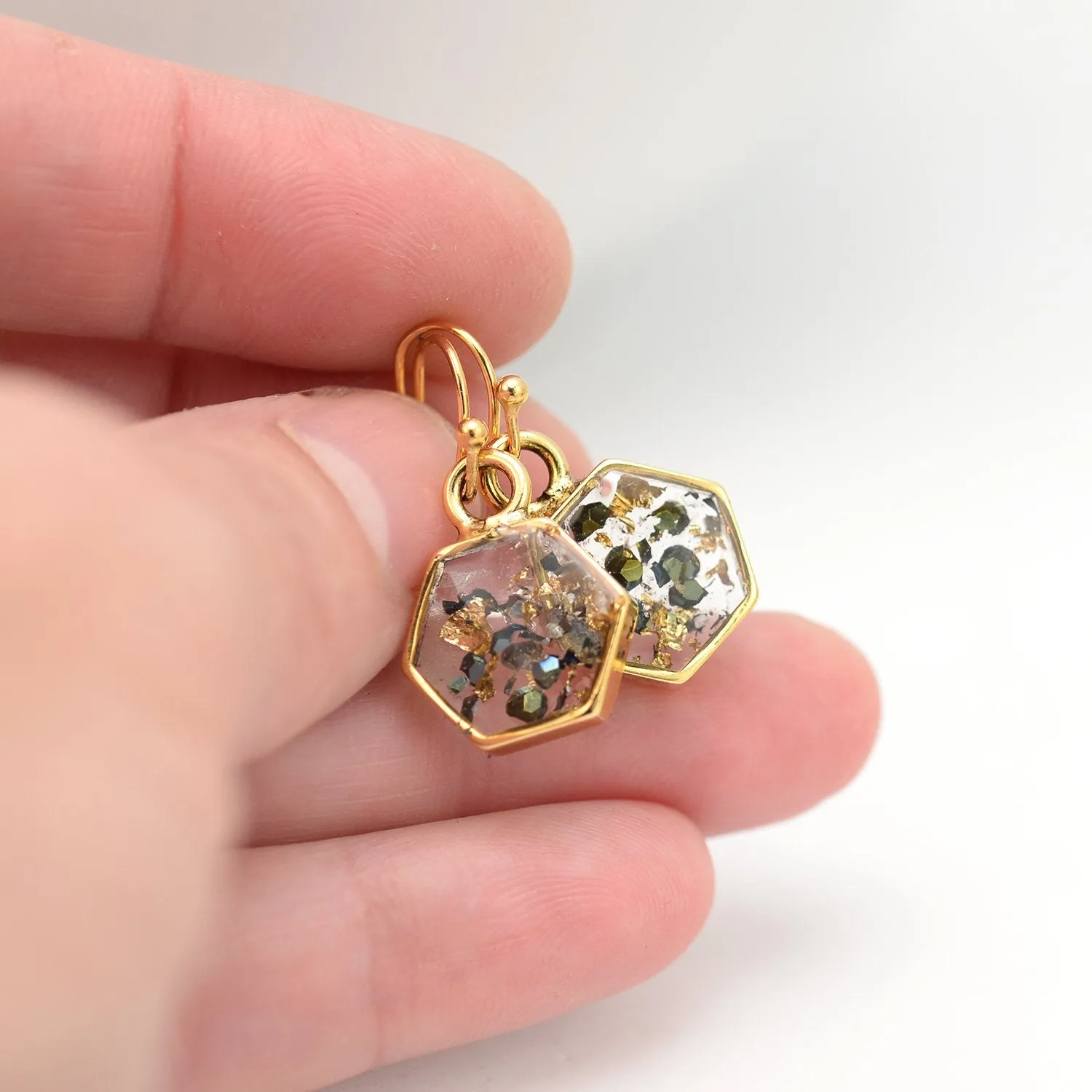 Crushed Abalone Shell and Gold Hexagon Earrings