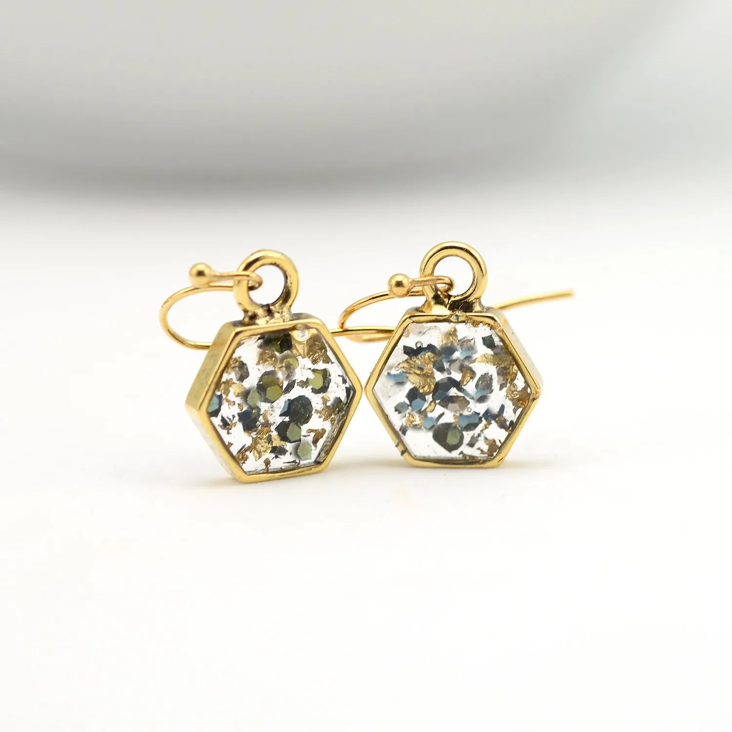 Crushed Abalone Shell and Gold Hexagon Earrings
