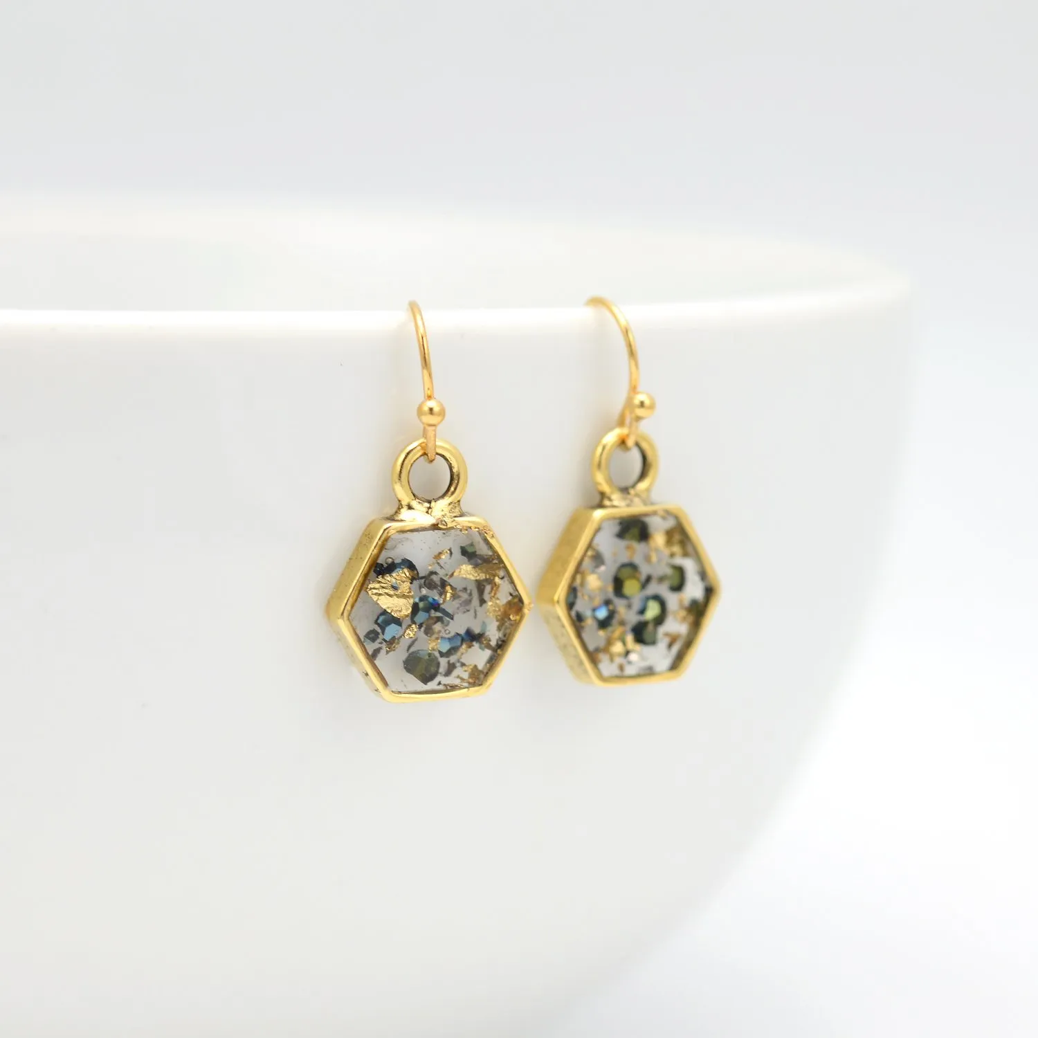 Crushed Abalone Shell and Gold Hexagon Earrings
