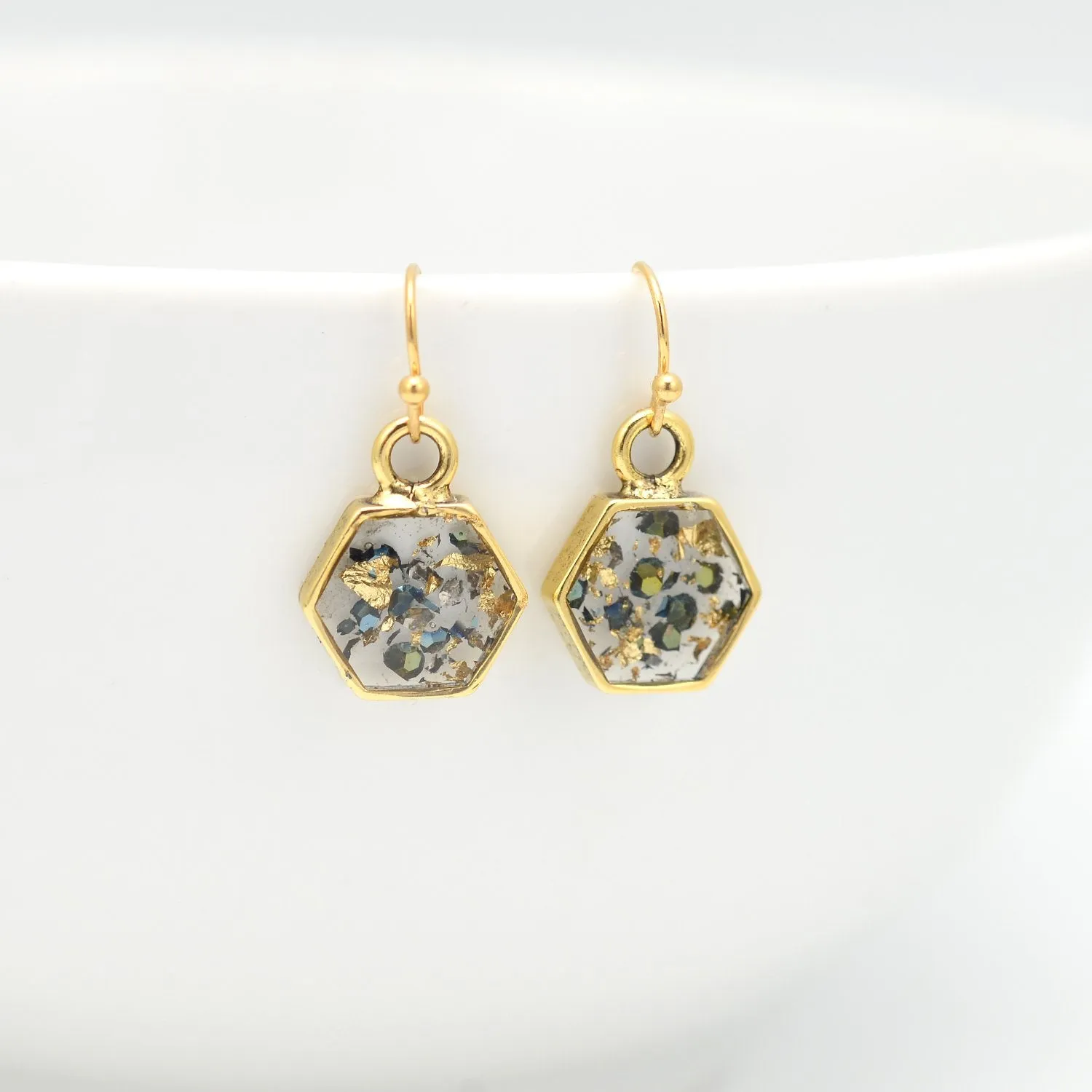 Crushed Abalone Shell and Gold Hexagon Earrings