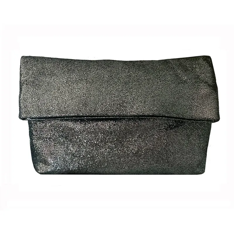 Foldover Clutch wMagnet - Gunmetal Glittery Metallic