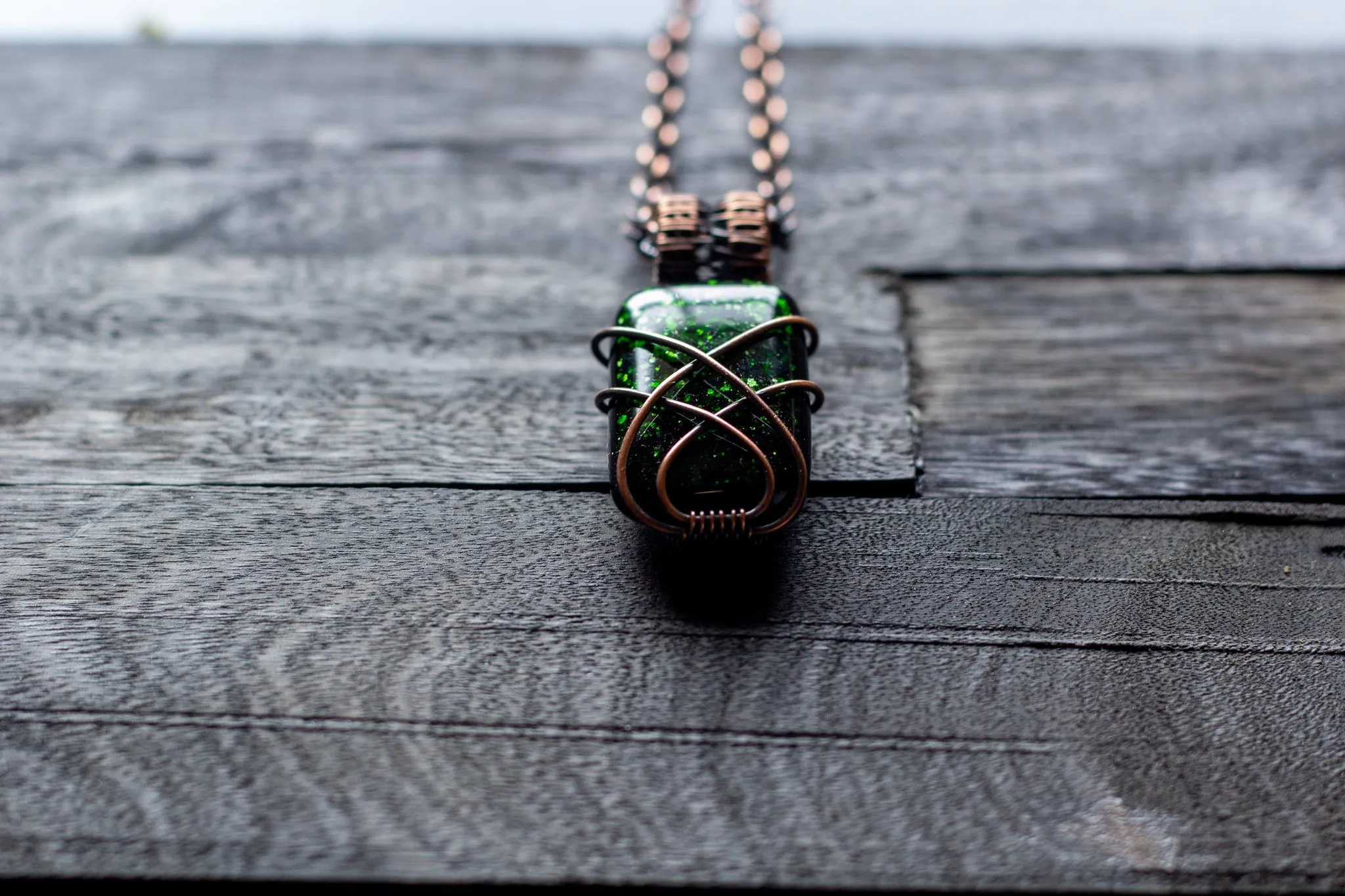Glittery Dichroic Green Glass Pendant with Copper Wire Wrapping