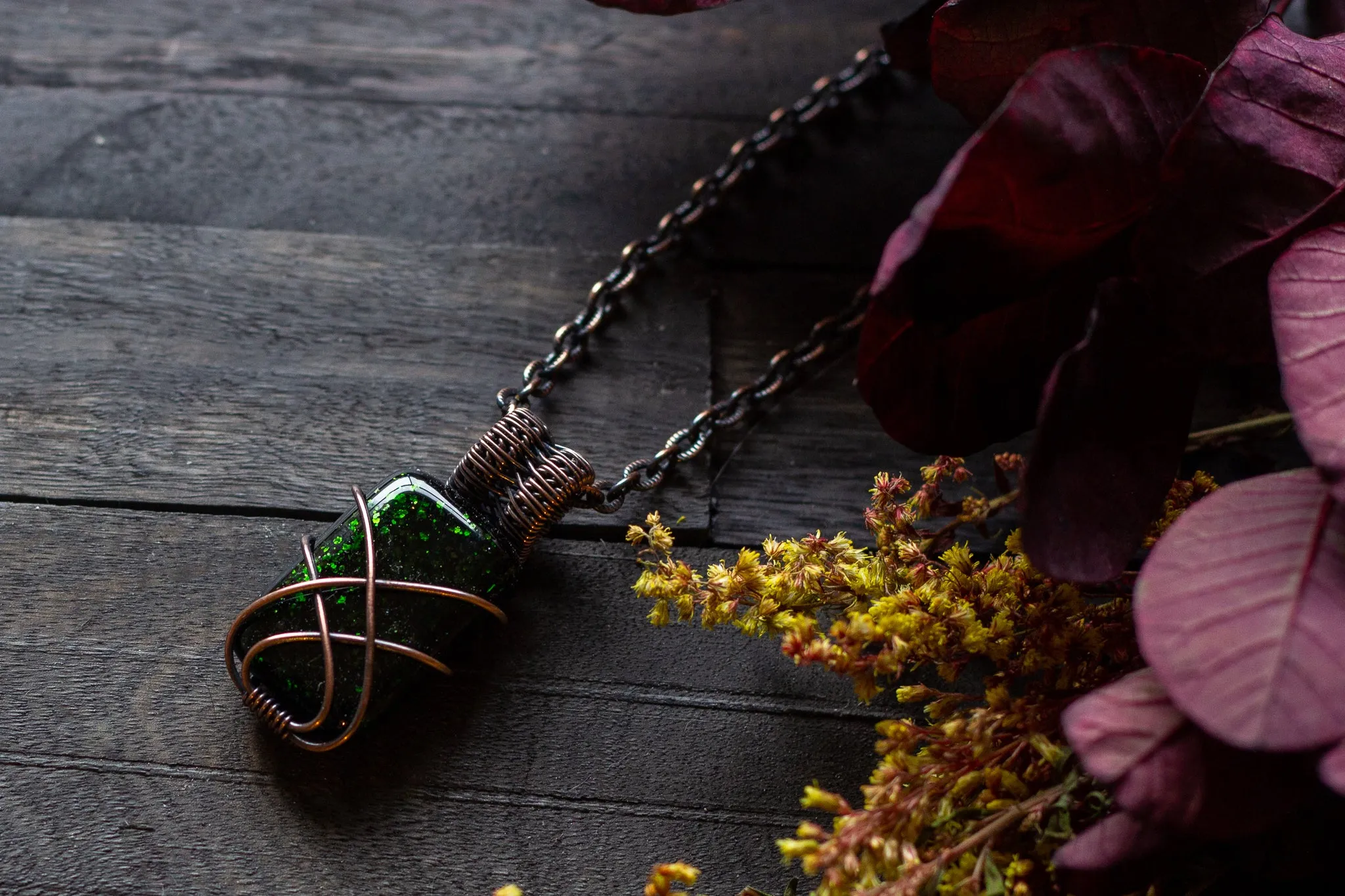 Glittery Dichroic Green Glass Pendant with Copper Wire Wrapping