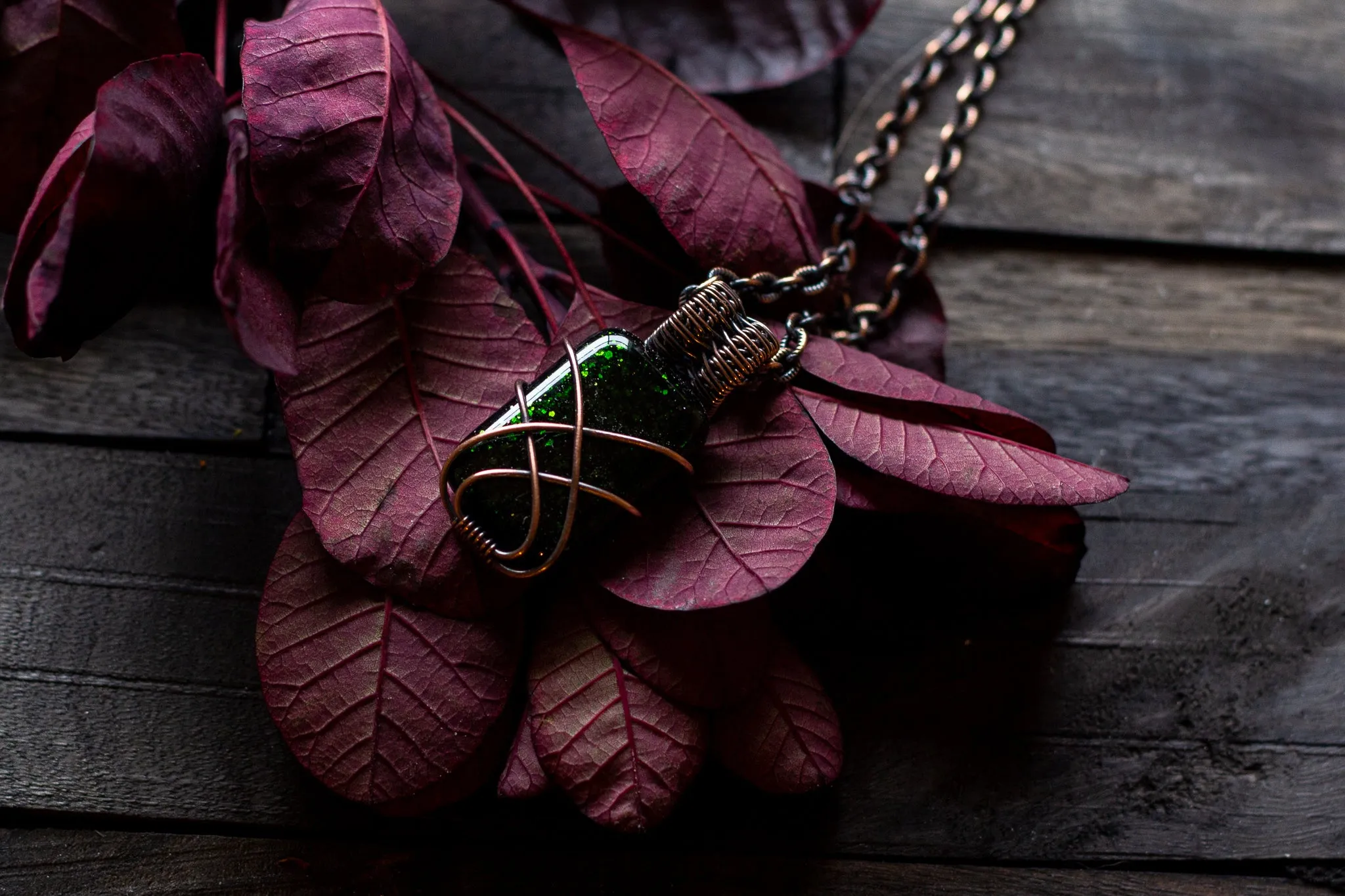 Glittery Dichroic Green Glass Pendant with Copper Wire Wrapping