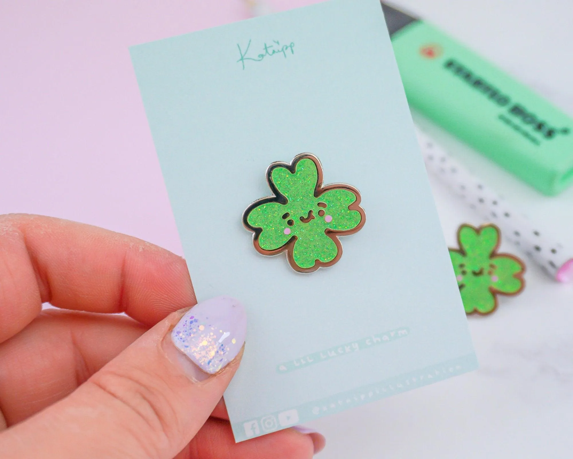 Glittery Four Leaf Clover Enamel Pin | Lucky Charm Pin | Kawaii Good Luck Accessory