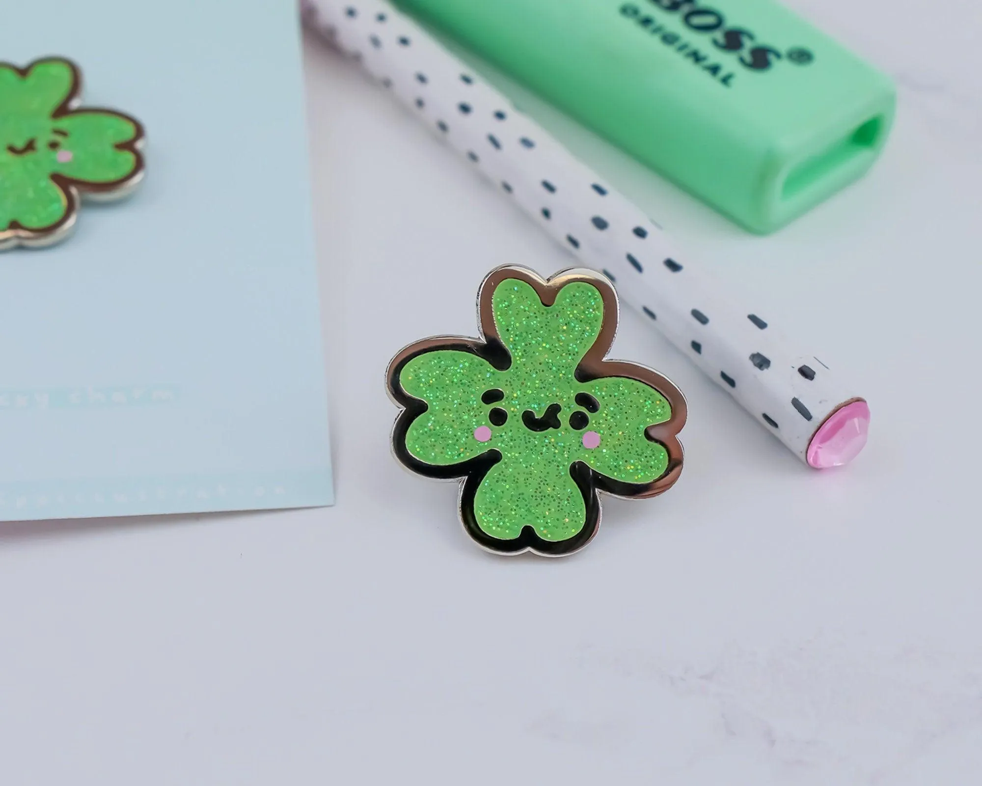 Glittery Four Leaf Clover Enamel Pin | Lucky Charm Pin | Kawaii Good Luck Accessory