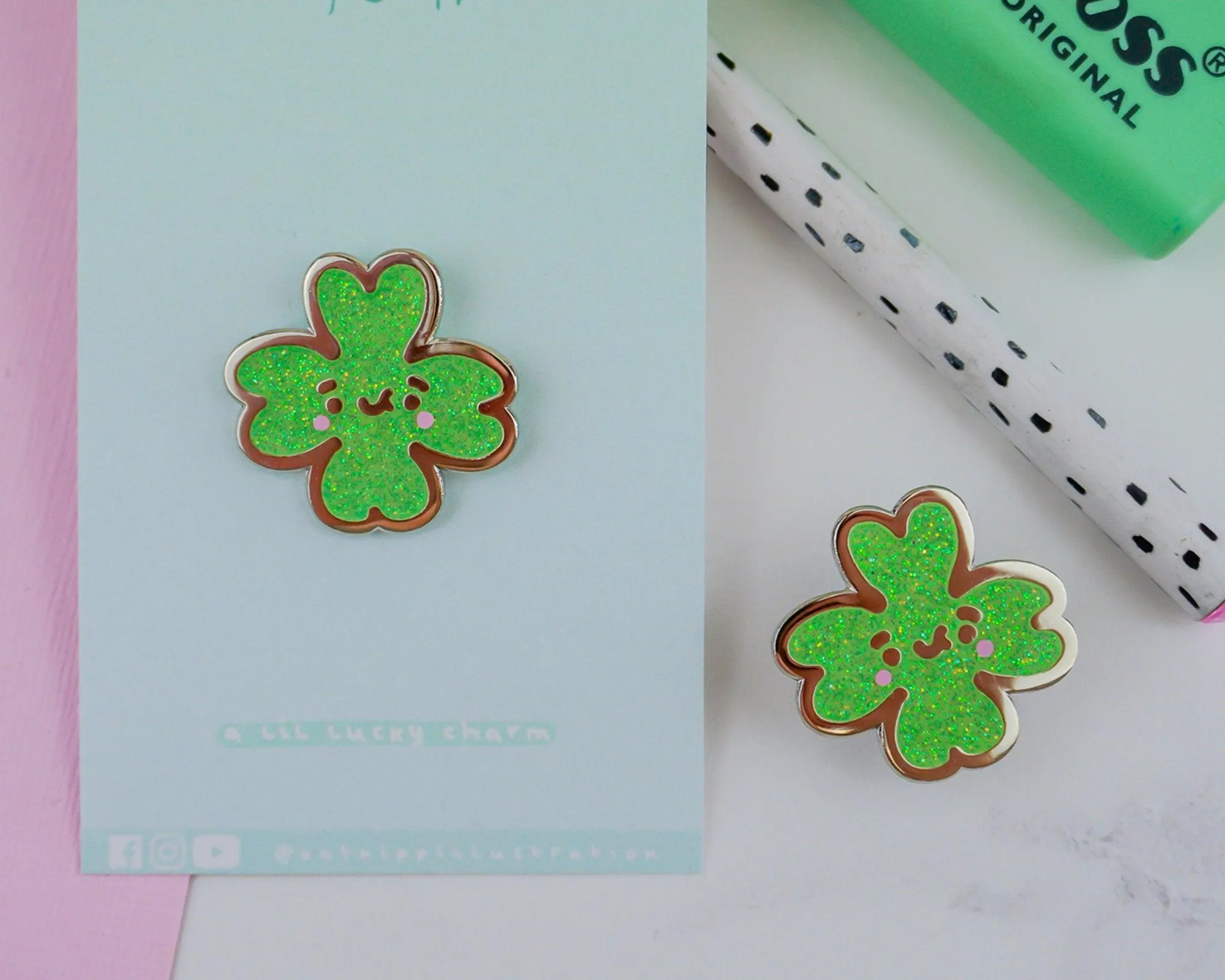 Glittery Four Leaf Clover Enamel Pin | Lucky Charm Pin | Kawaii Good Luck Accessory