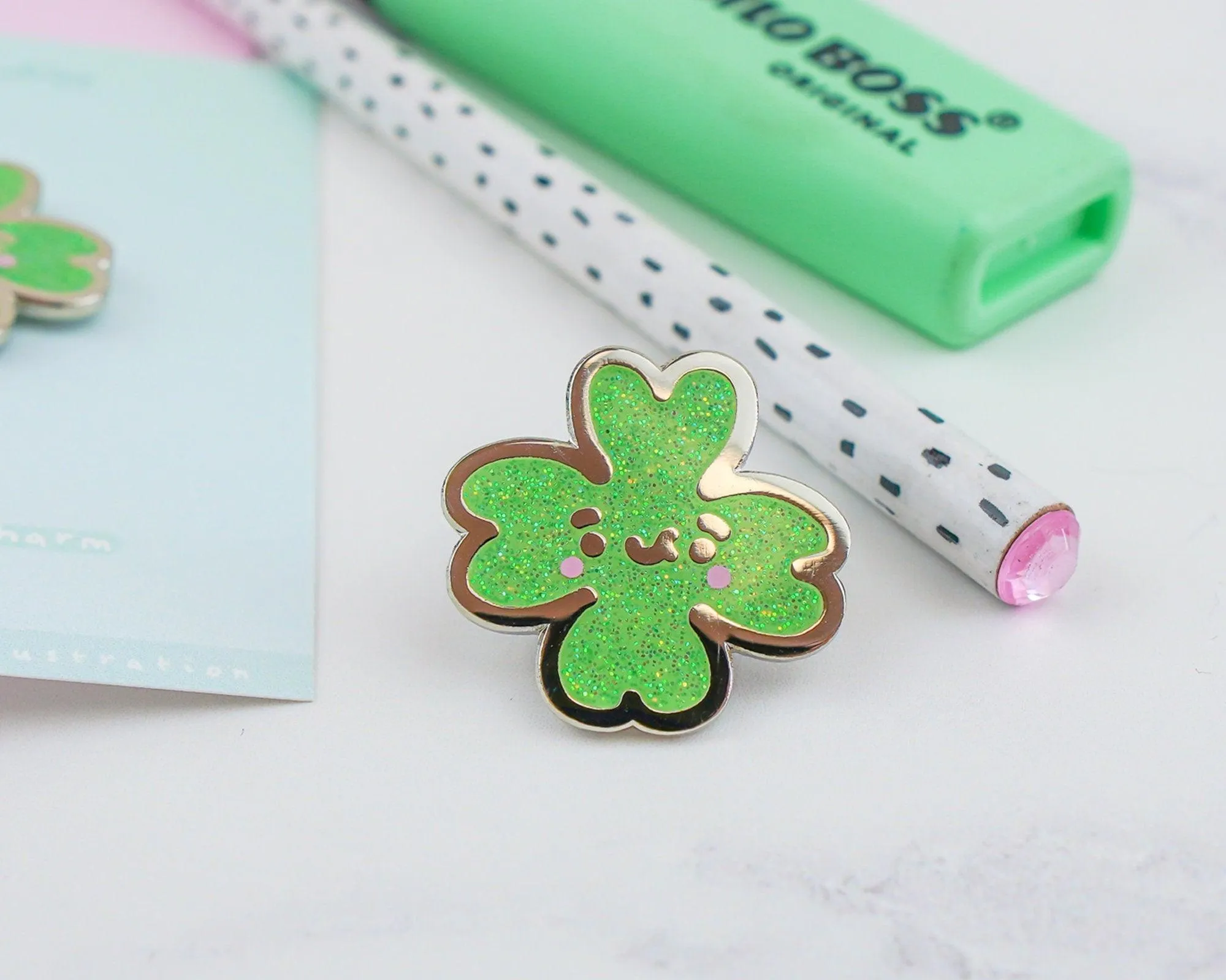 Glittery Four Leaf Clover Enamel Pin | Lucky Charm Pin | Kawaii Good Luck Accessory