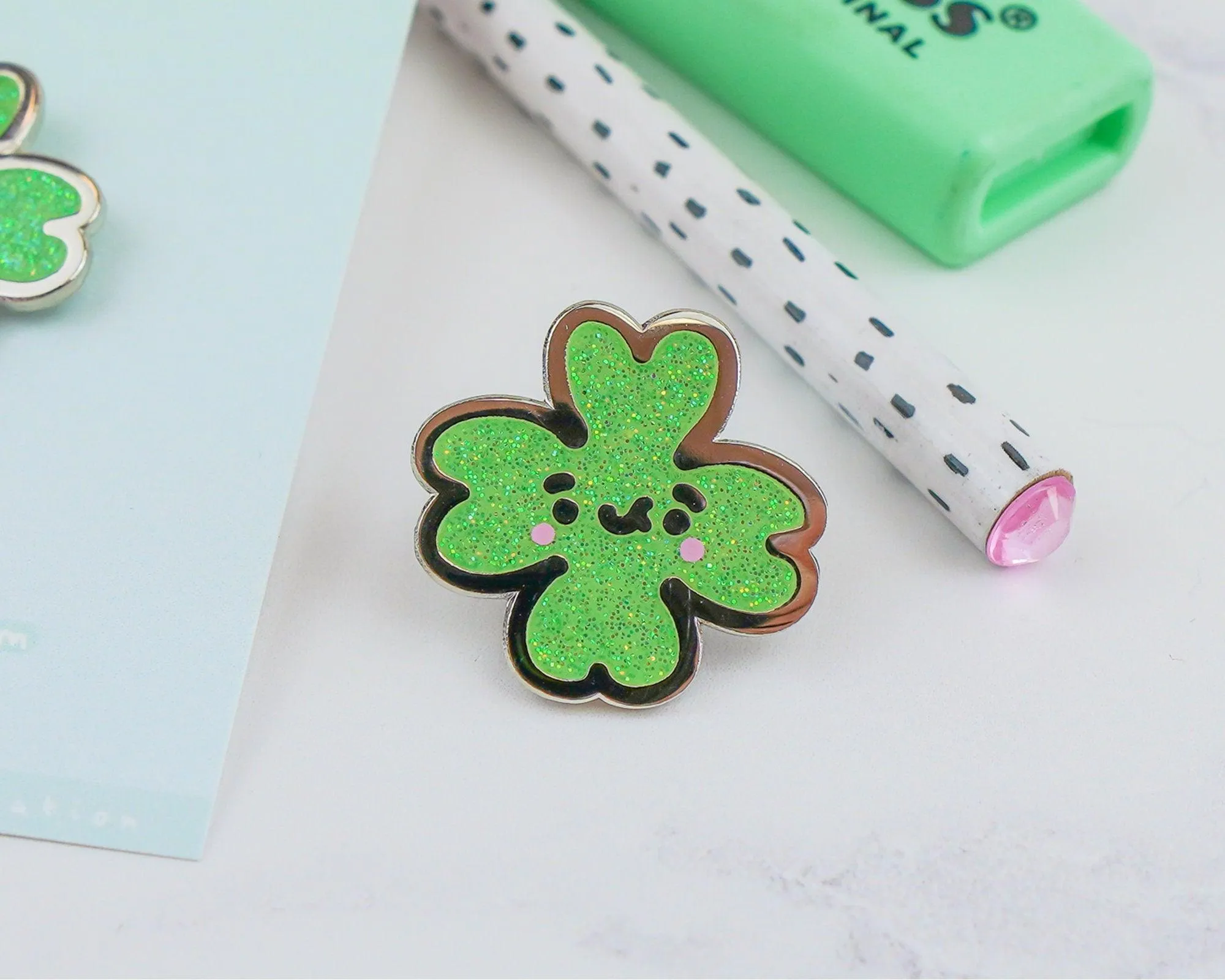 Glittery Four Leaf Clover Enamel Pin | Lucky Charm Pin | Kawaii Good Luck Accessory