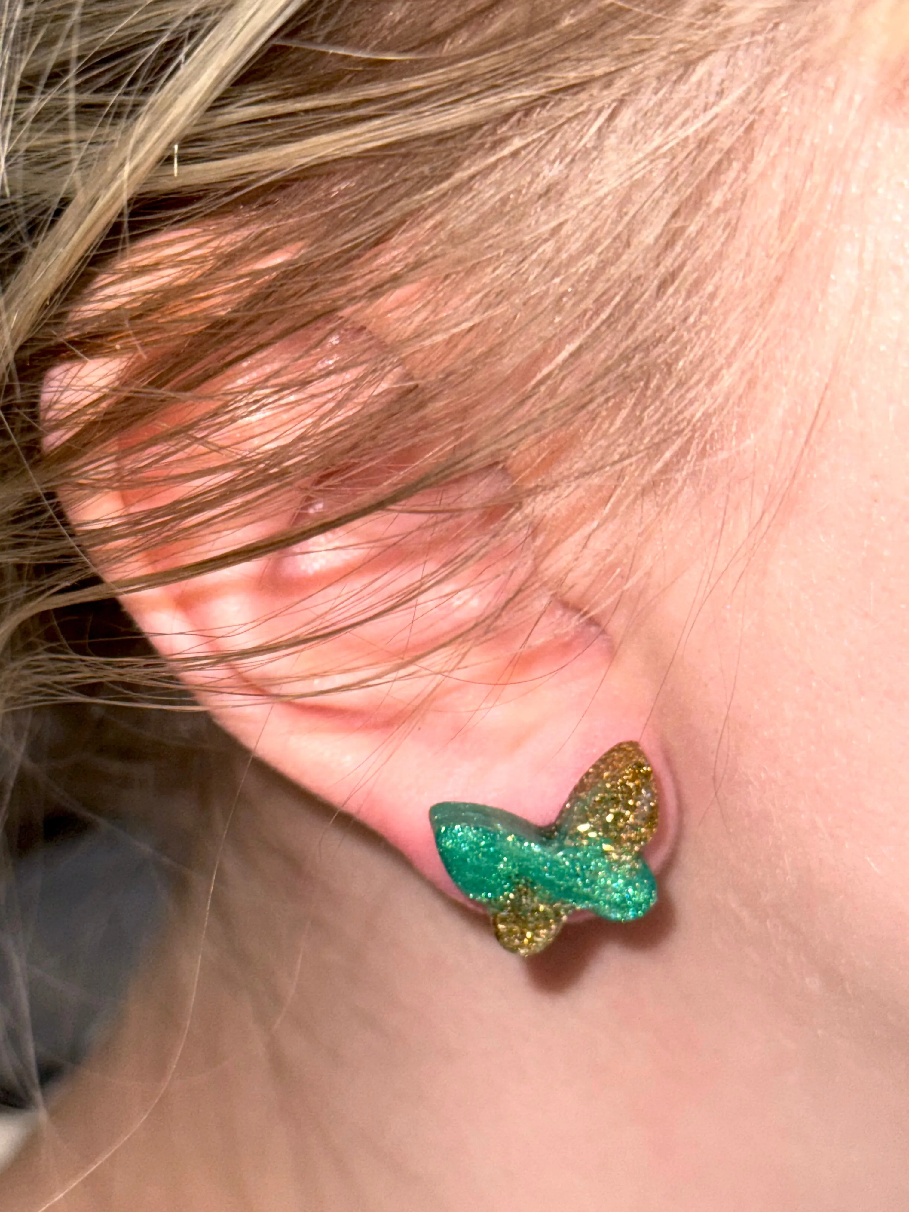 Glittery Gold and Green Butterfly Studs