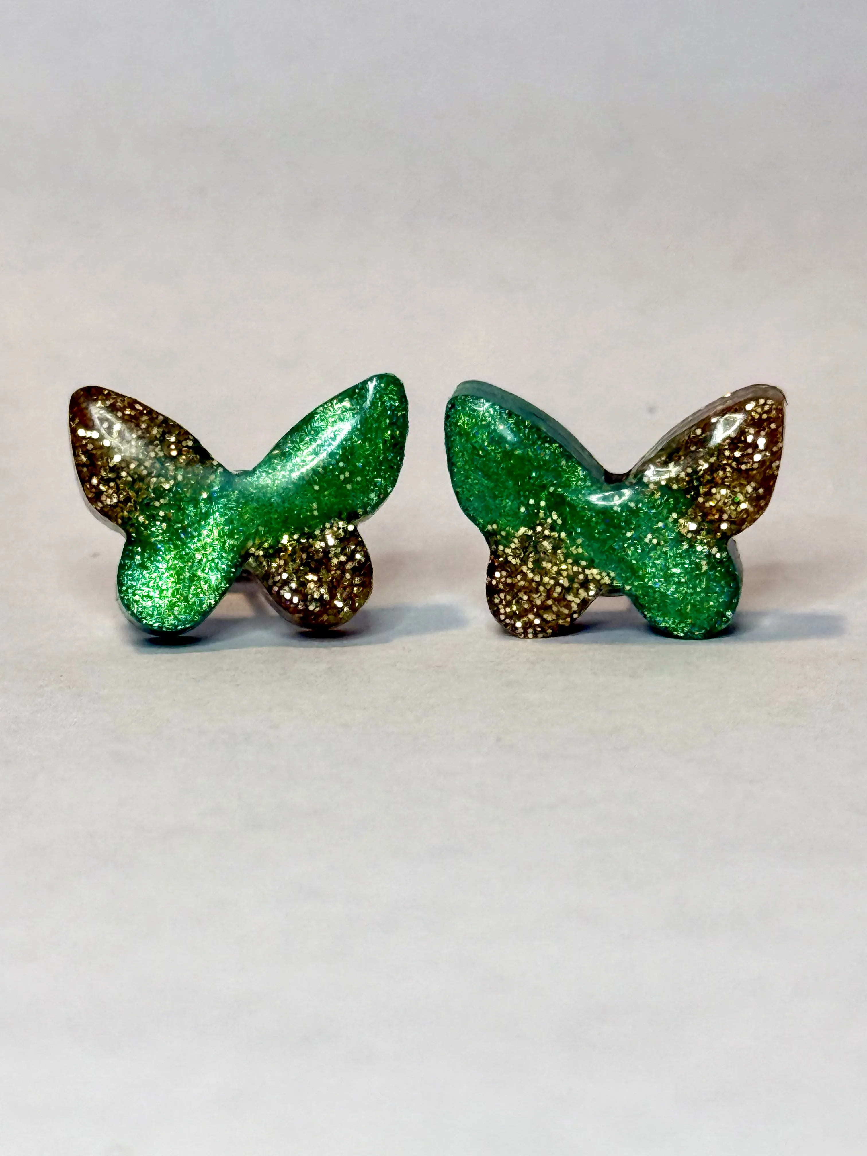 Glittery Gold and Green Butterfly Studs