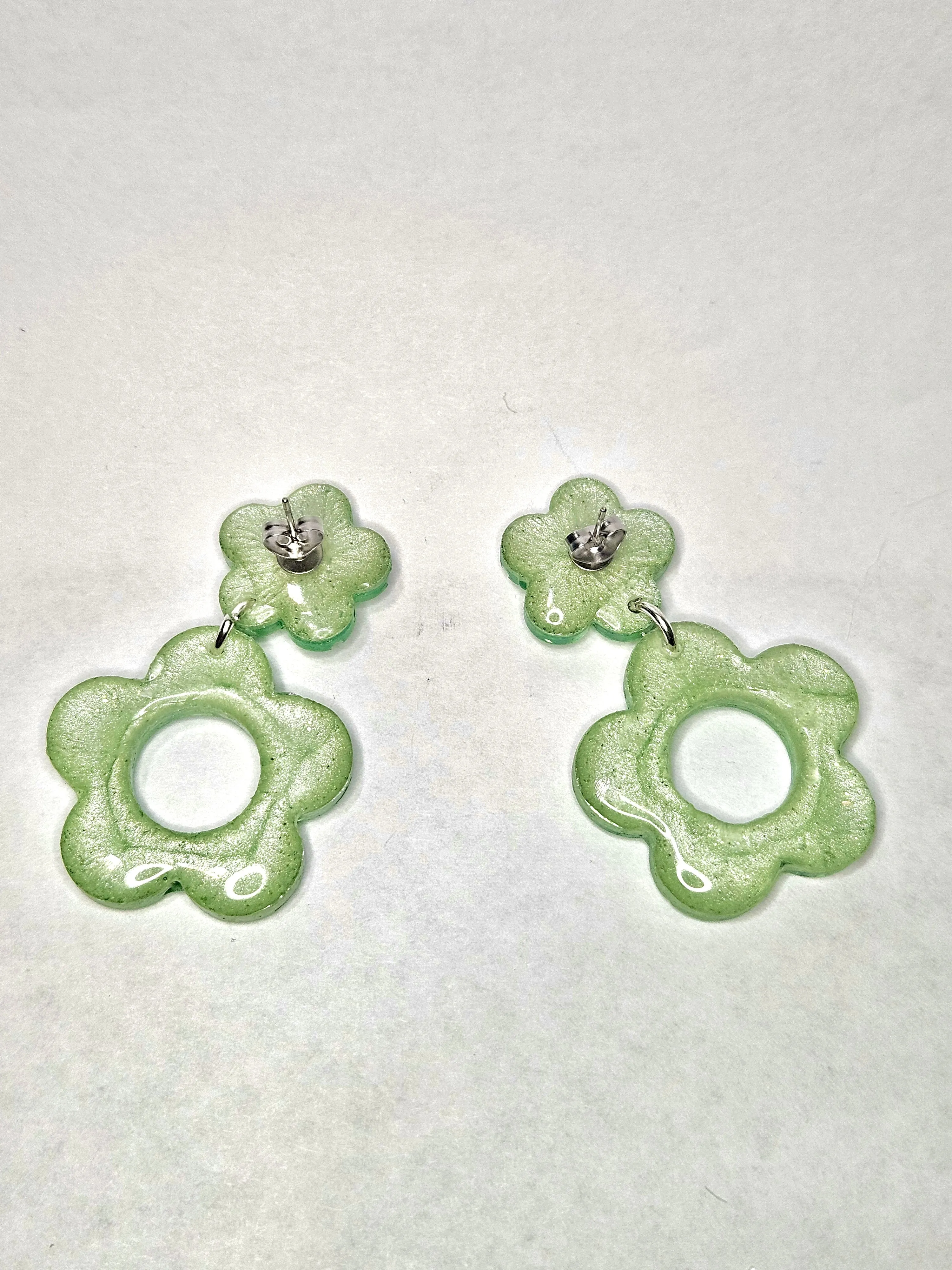 Glittery Pastel Green Flower Post Earrings