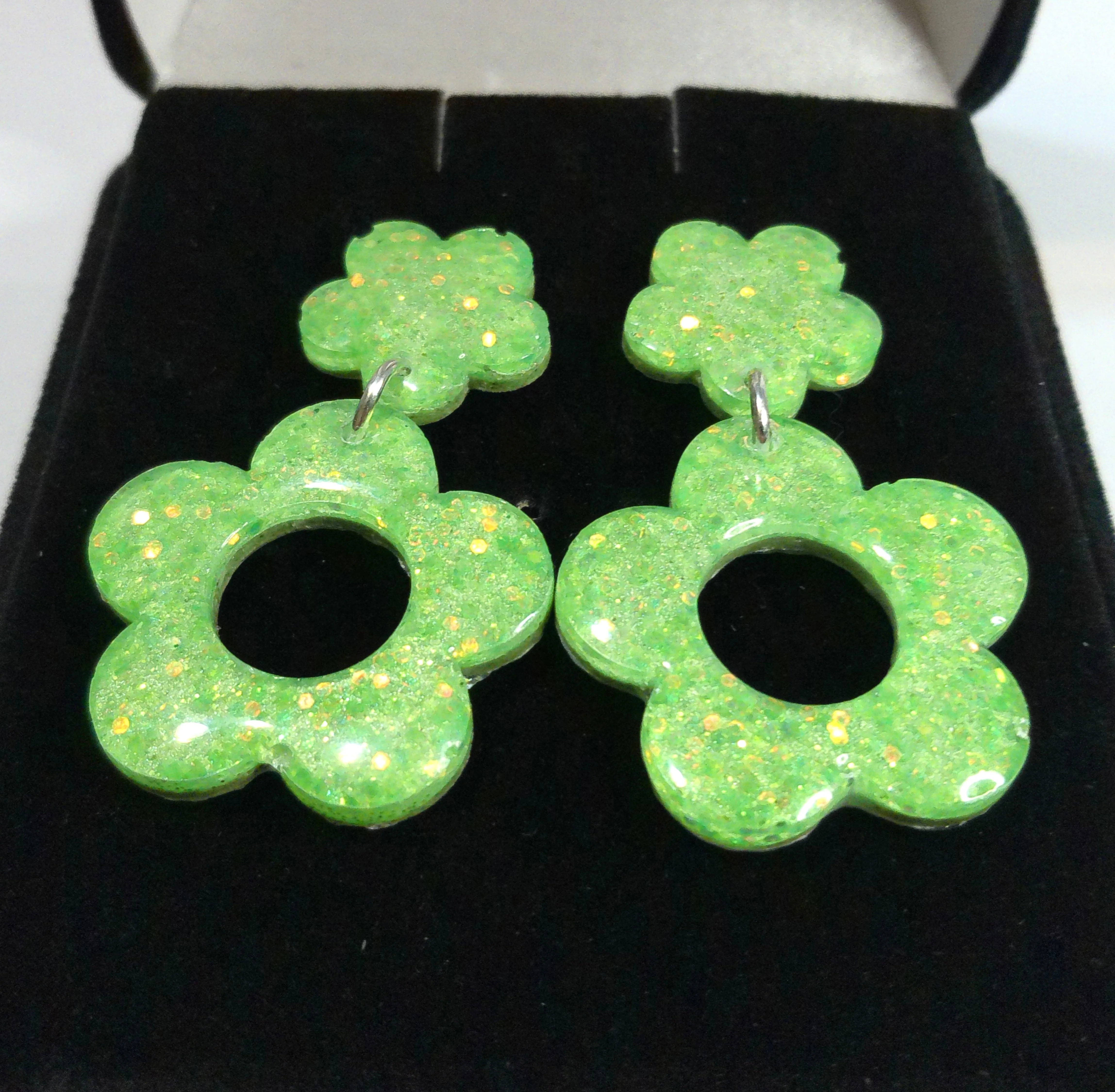 Glittery Pastel Green Flower Post Earrings