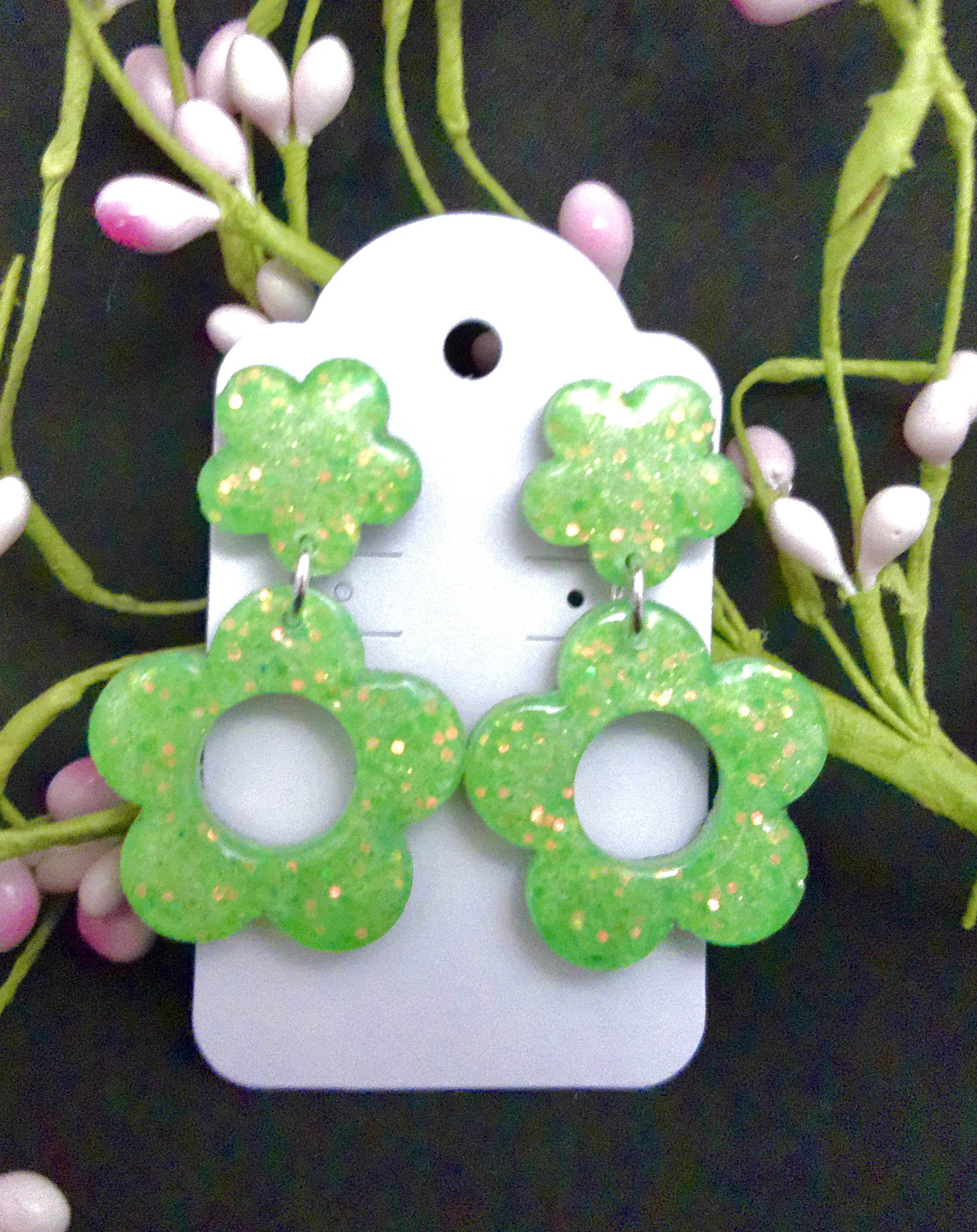 Glittery Pastel Green Flower Post Earrings