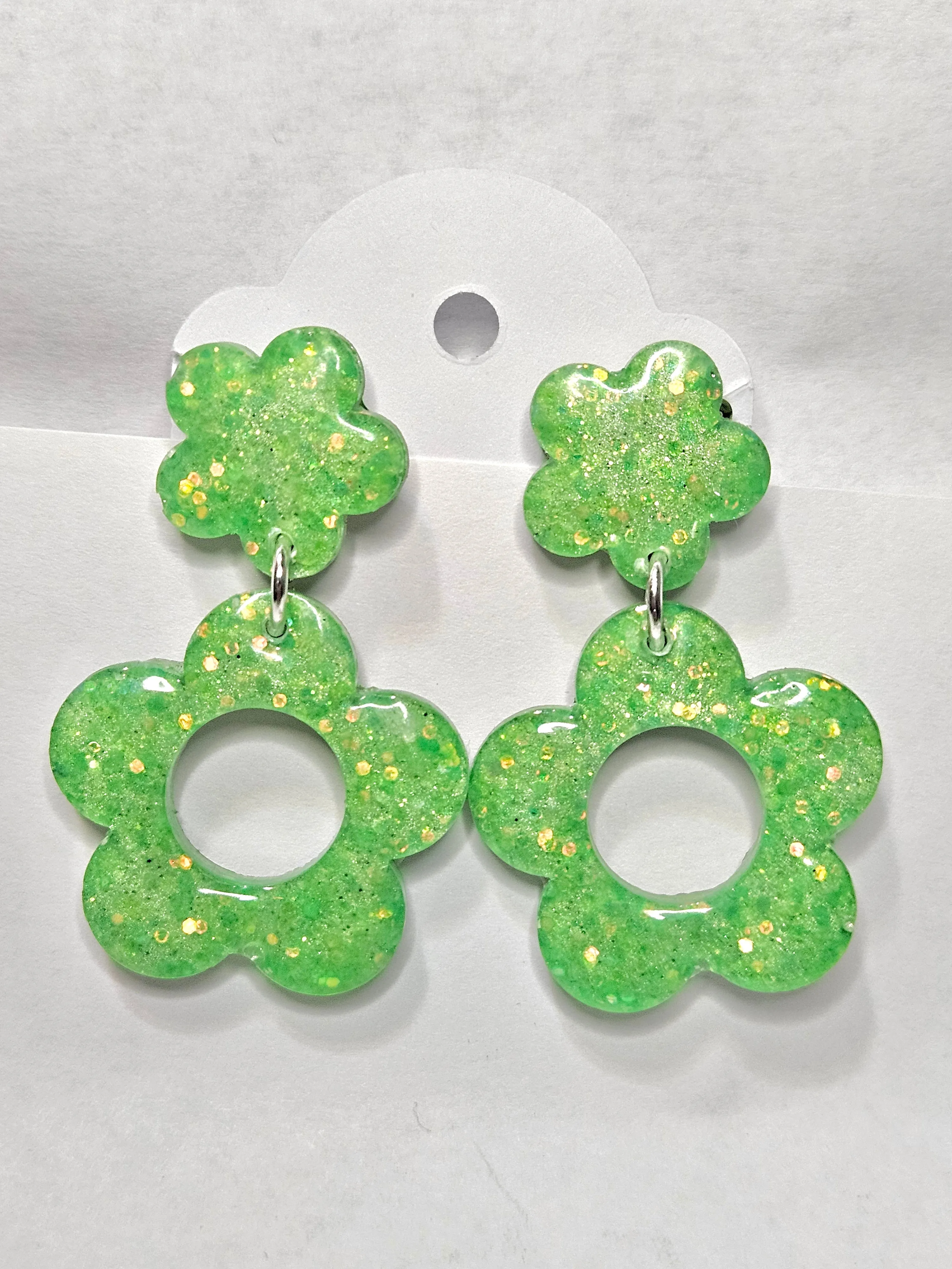 Glittery Pastel Green Flower Post Earrings