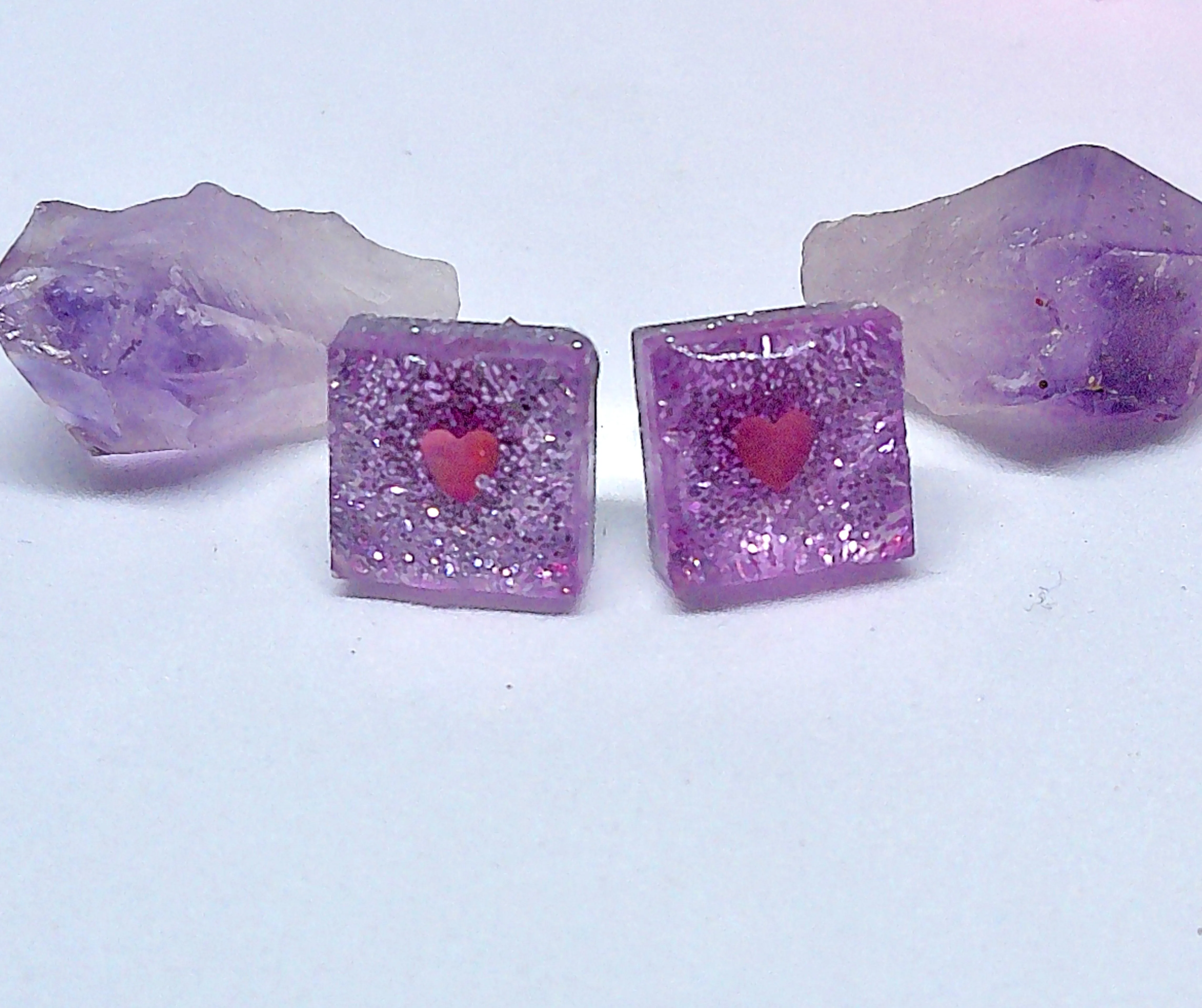 Glittery Pink Square Studs with Mini Encased Heart