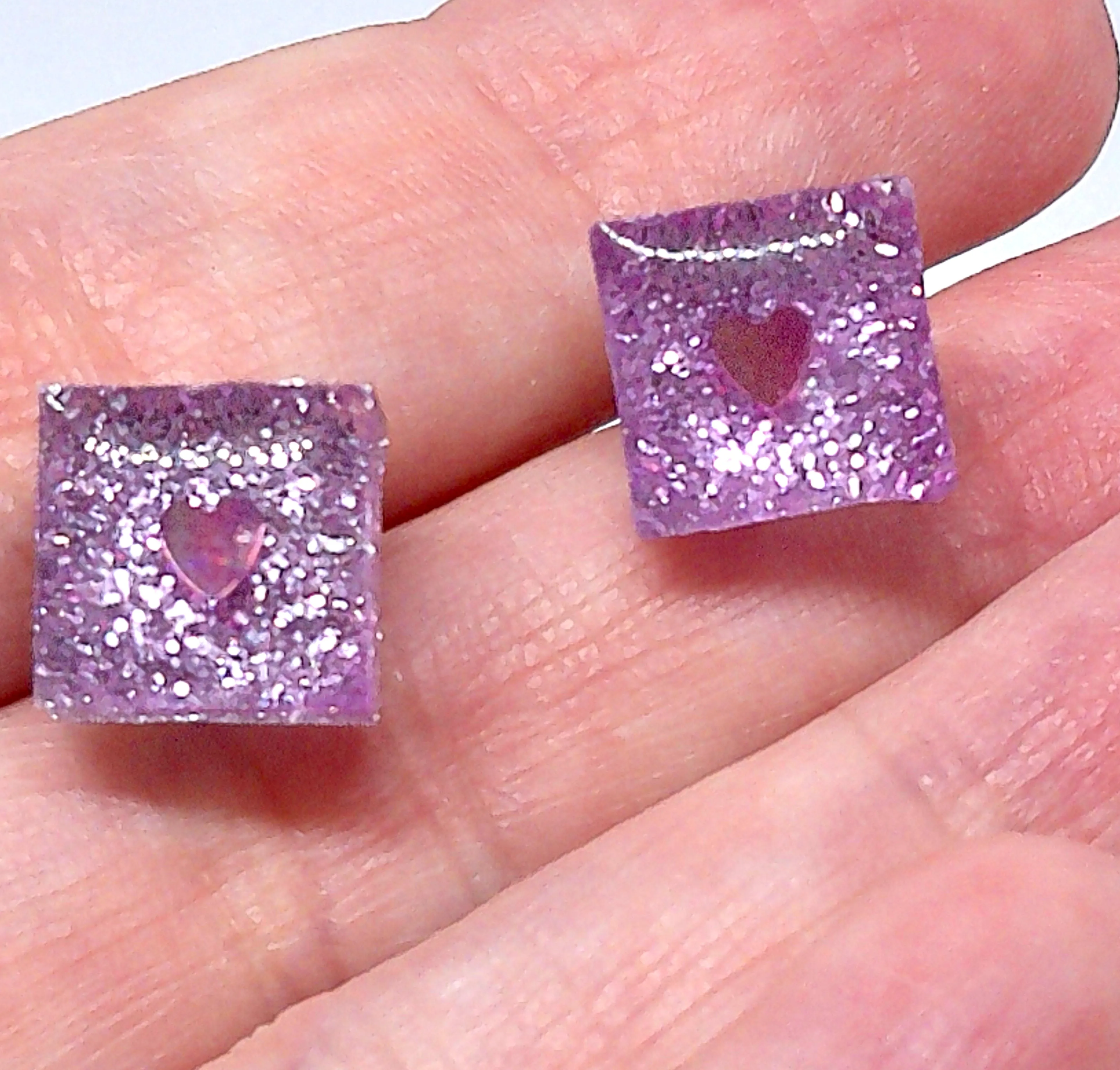 Glittery Pink Square Studs with Mini Encased Heart