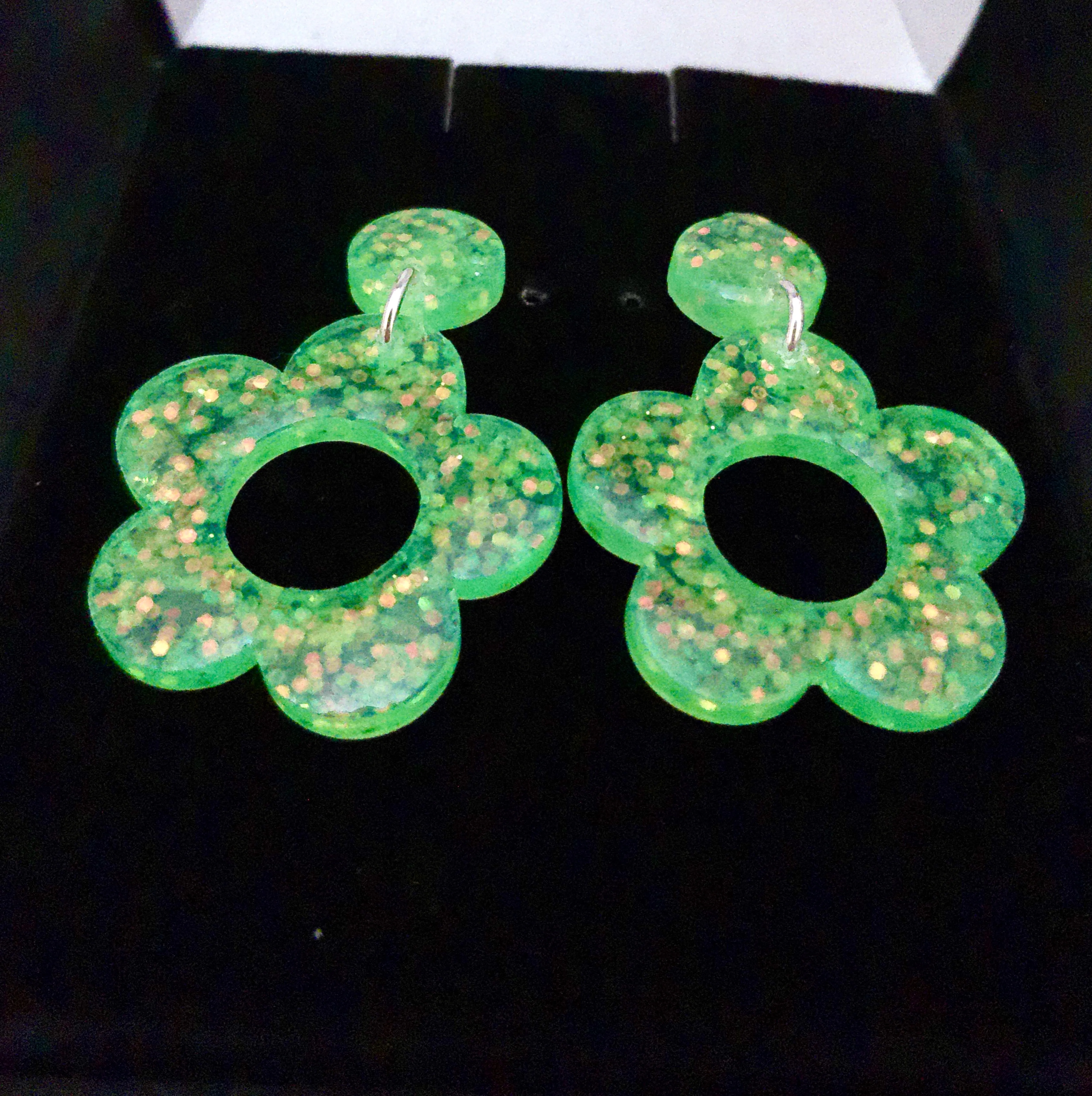 Glittery Transparent Green Flower Post Earrings