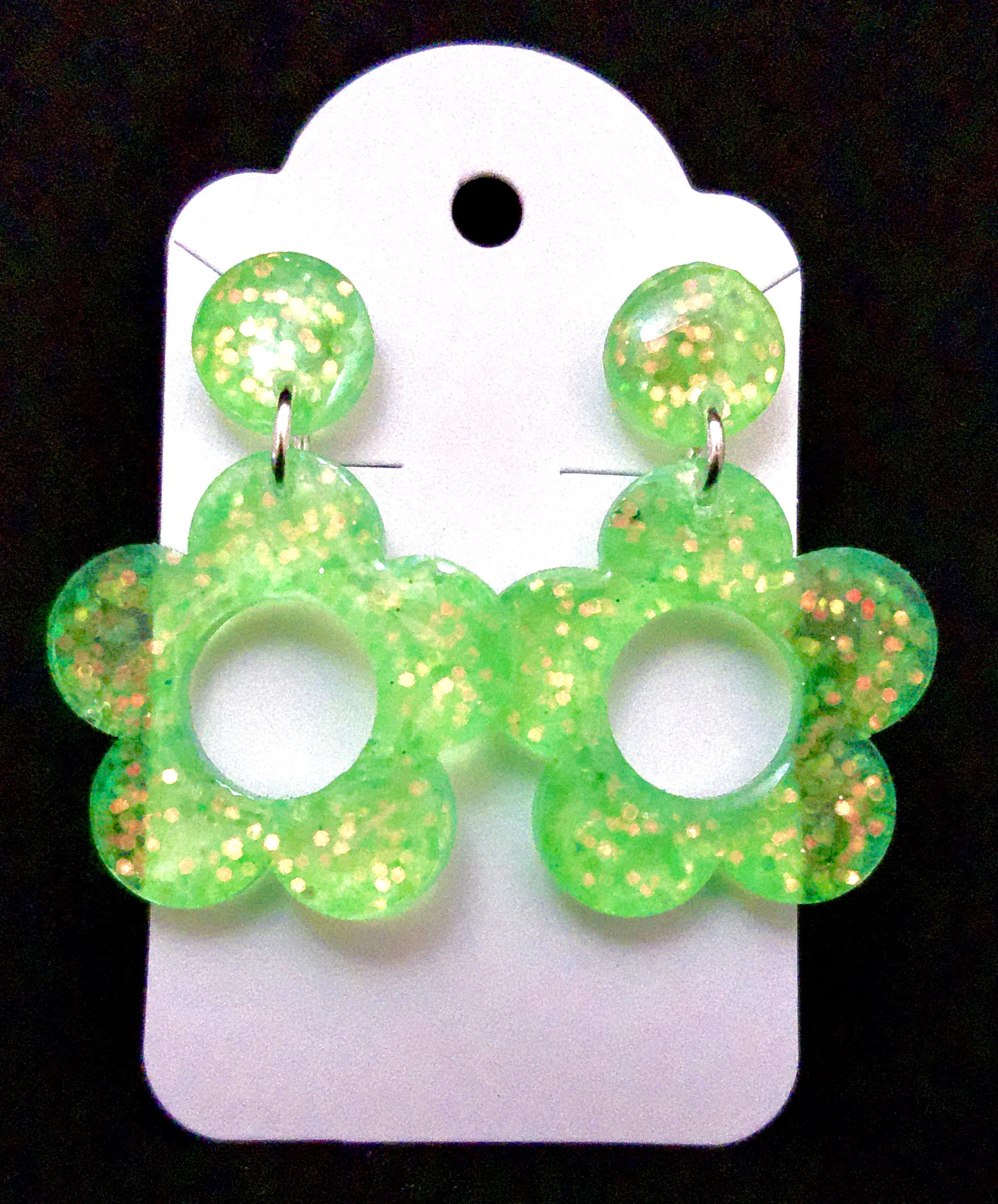 Glittery Transparent Green Flower Post Earrings