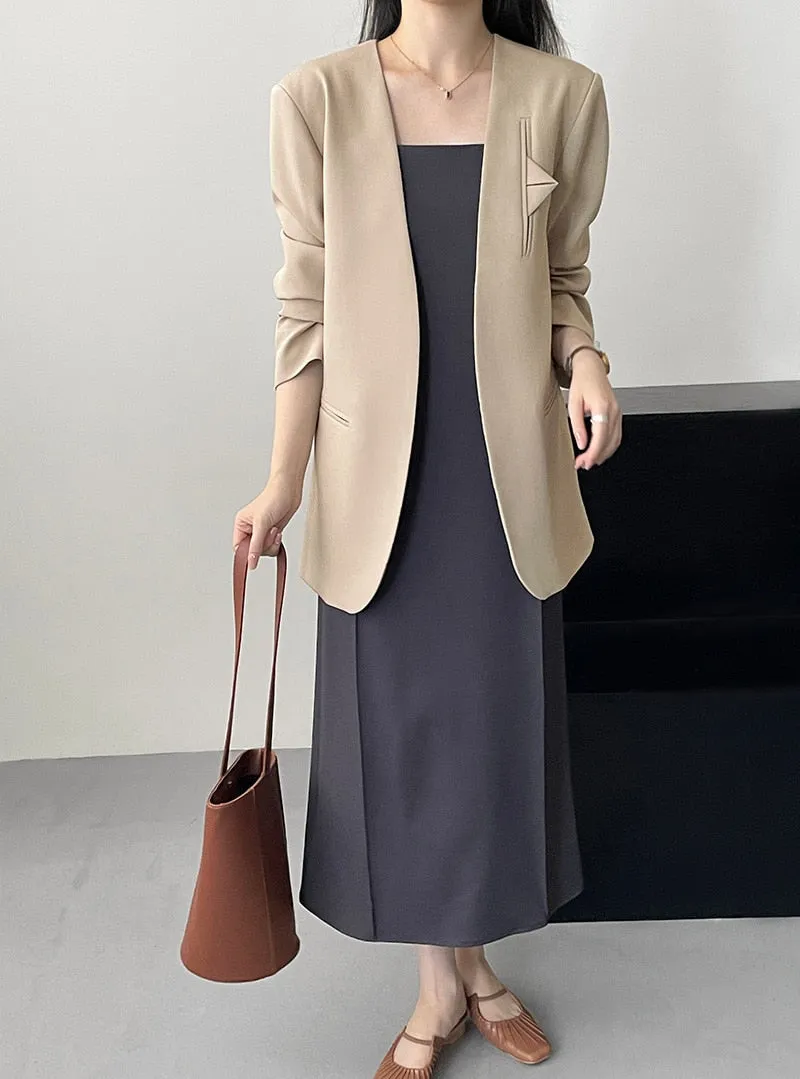 [Korean Style] High Quality Solid Color Straight Cut Collarless Blazer