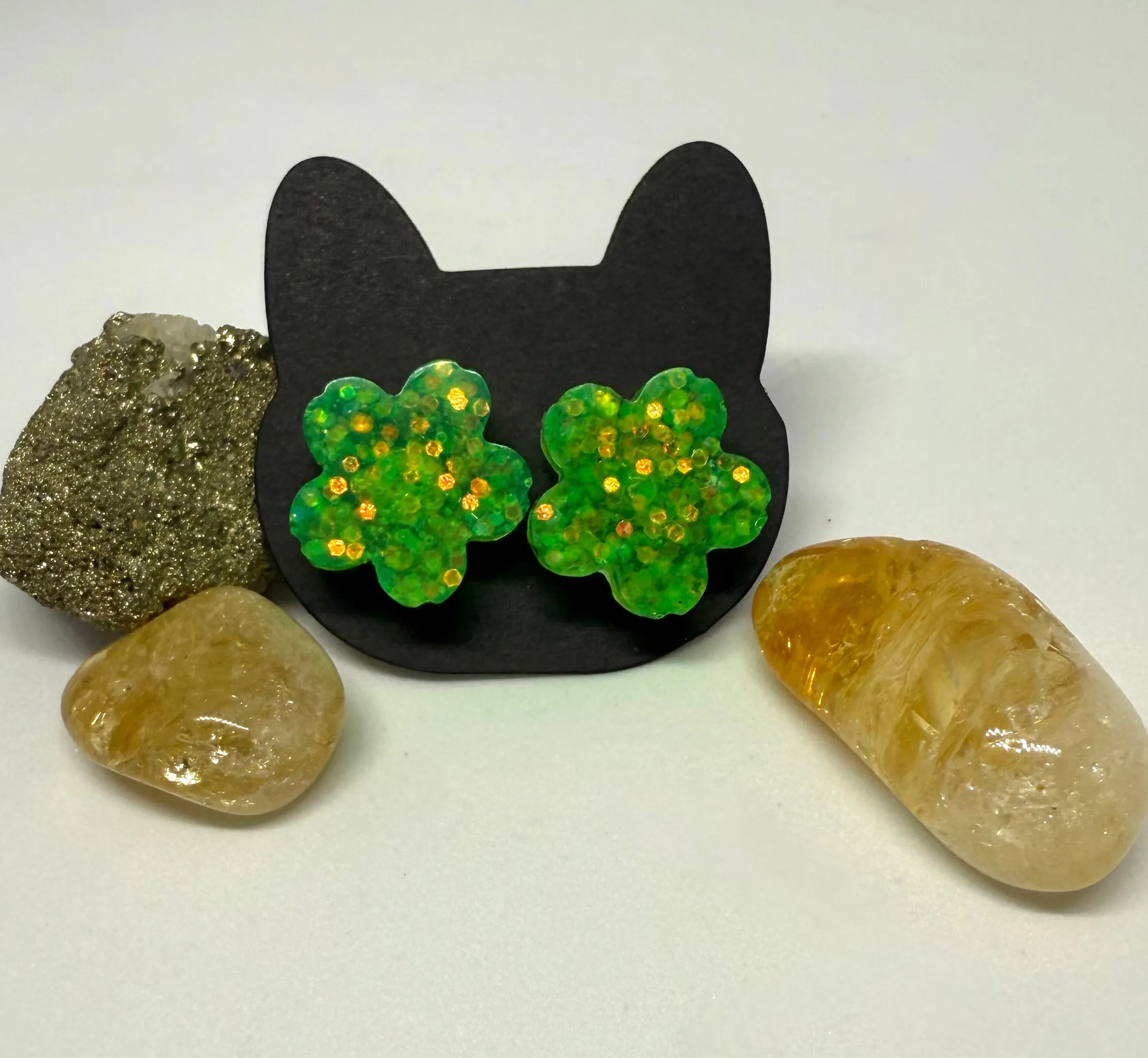Transparent Glittery Green Flower Studs