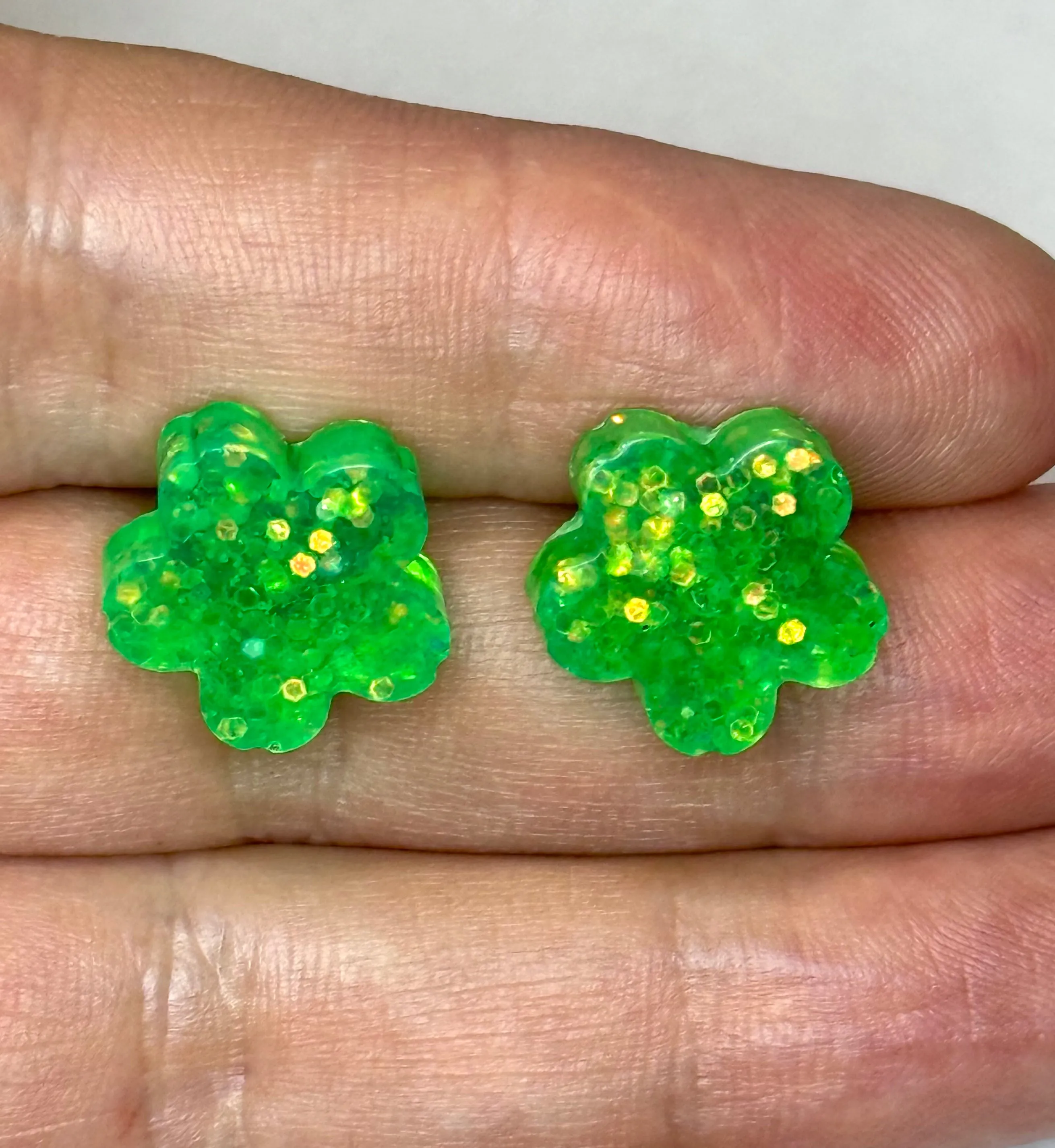 Transparent Glittery Green Flower Studs