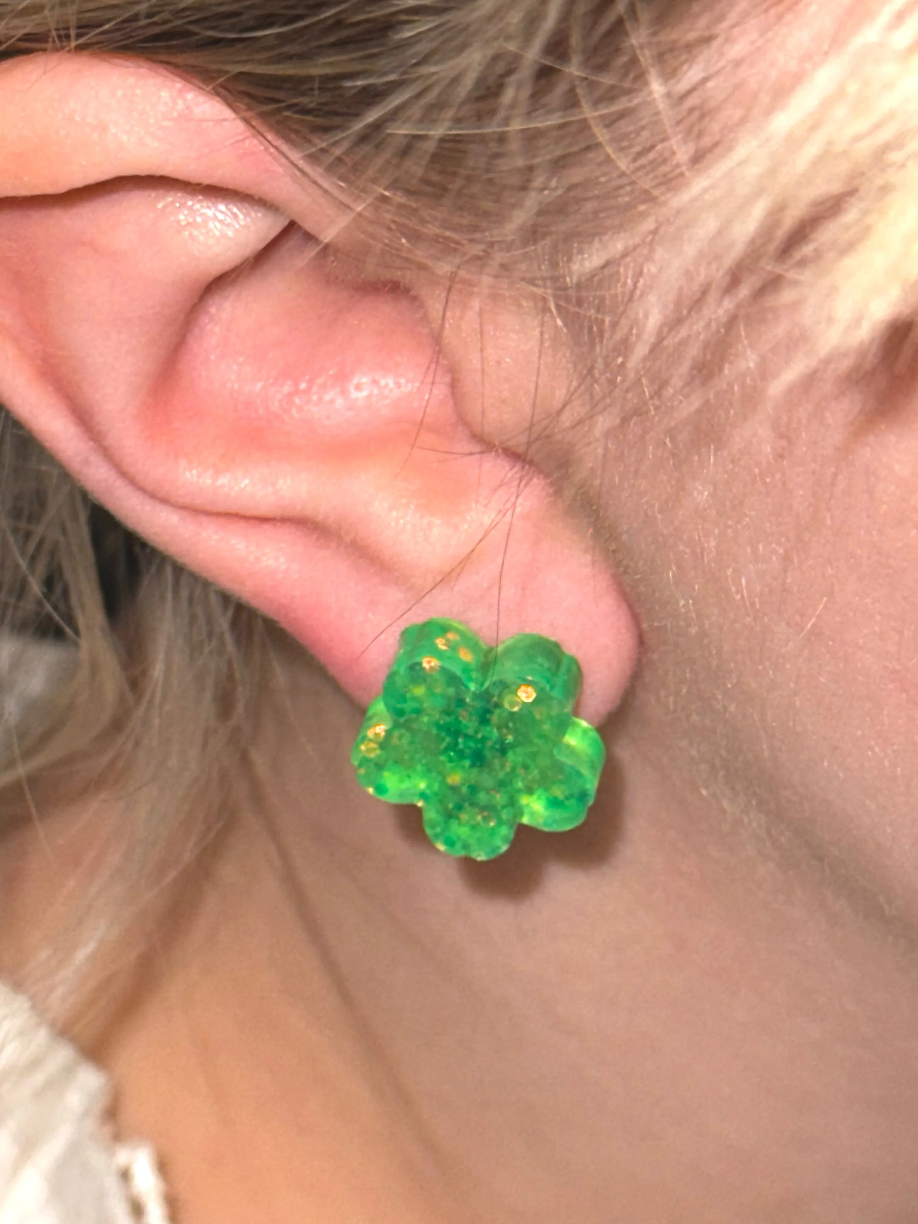 Transparent Glittery Green Flower Studs