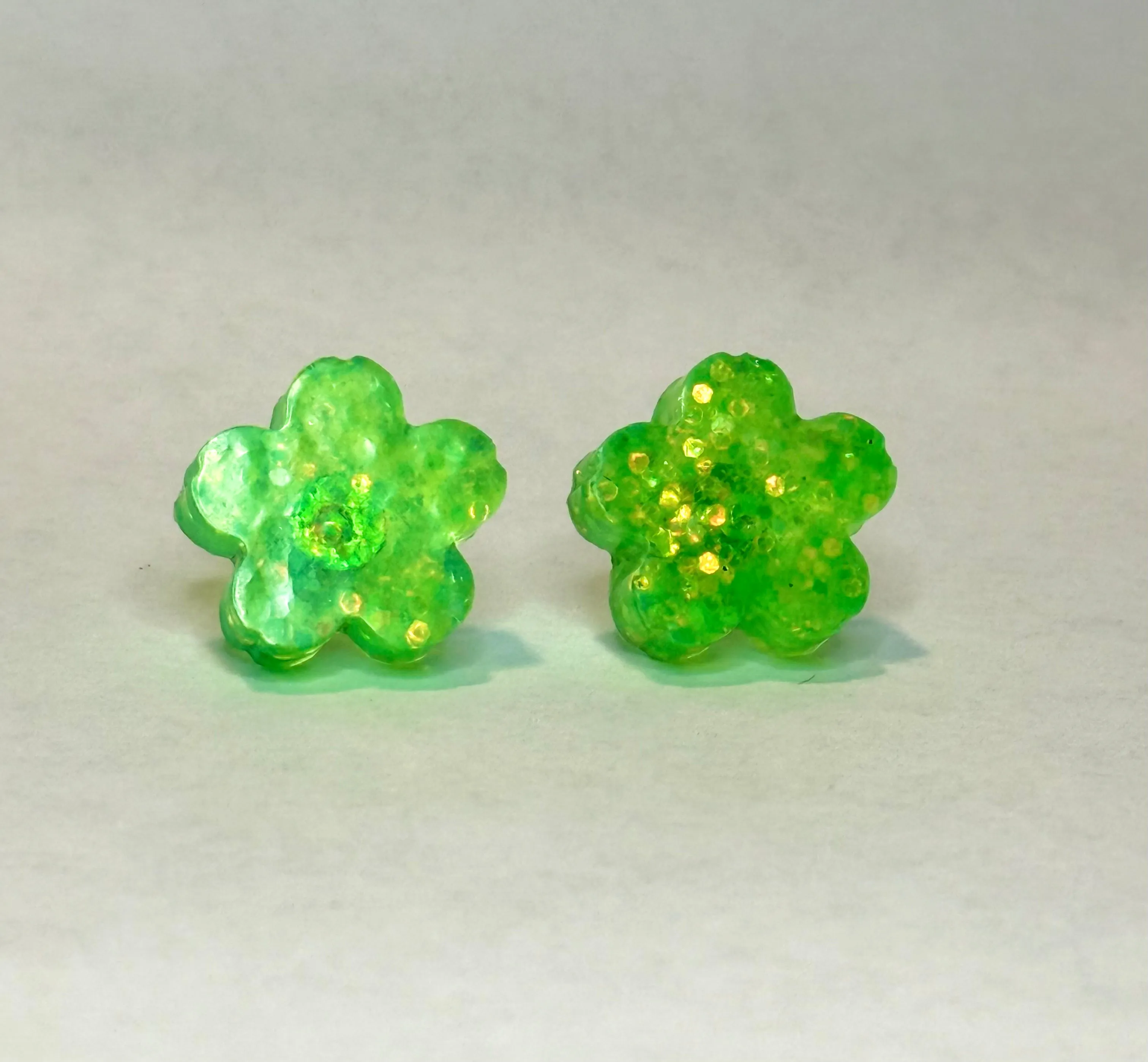 Transparent Glittery Green Flower Studs